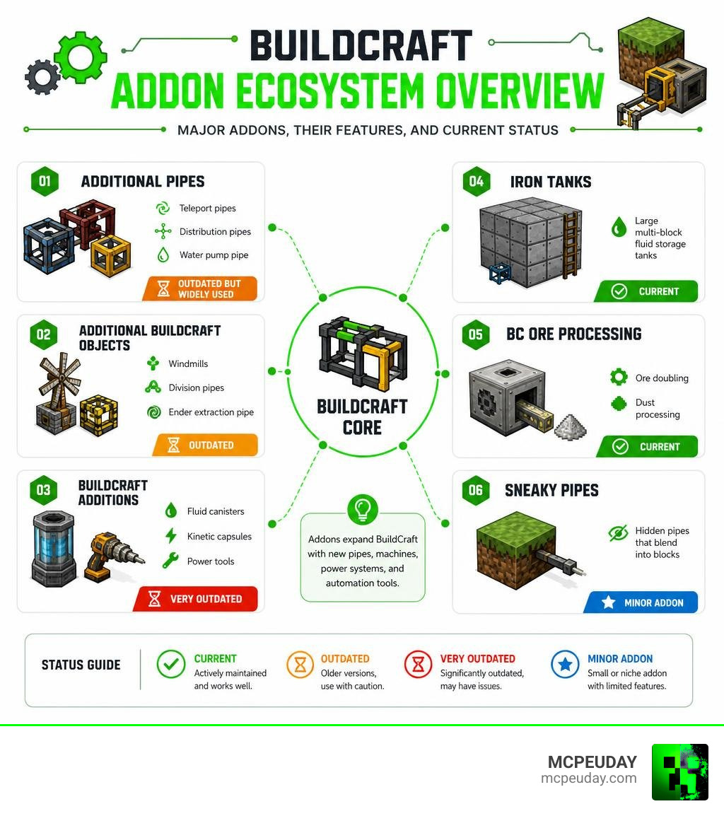 BuildCraft addon ecosystem overview showing major addons, their features, and current status infographic