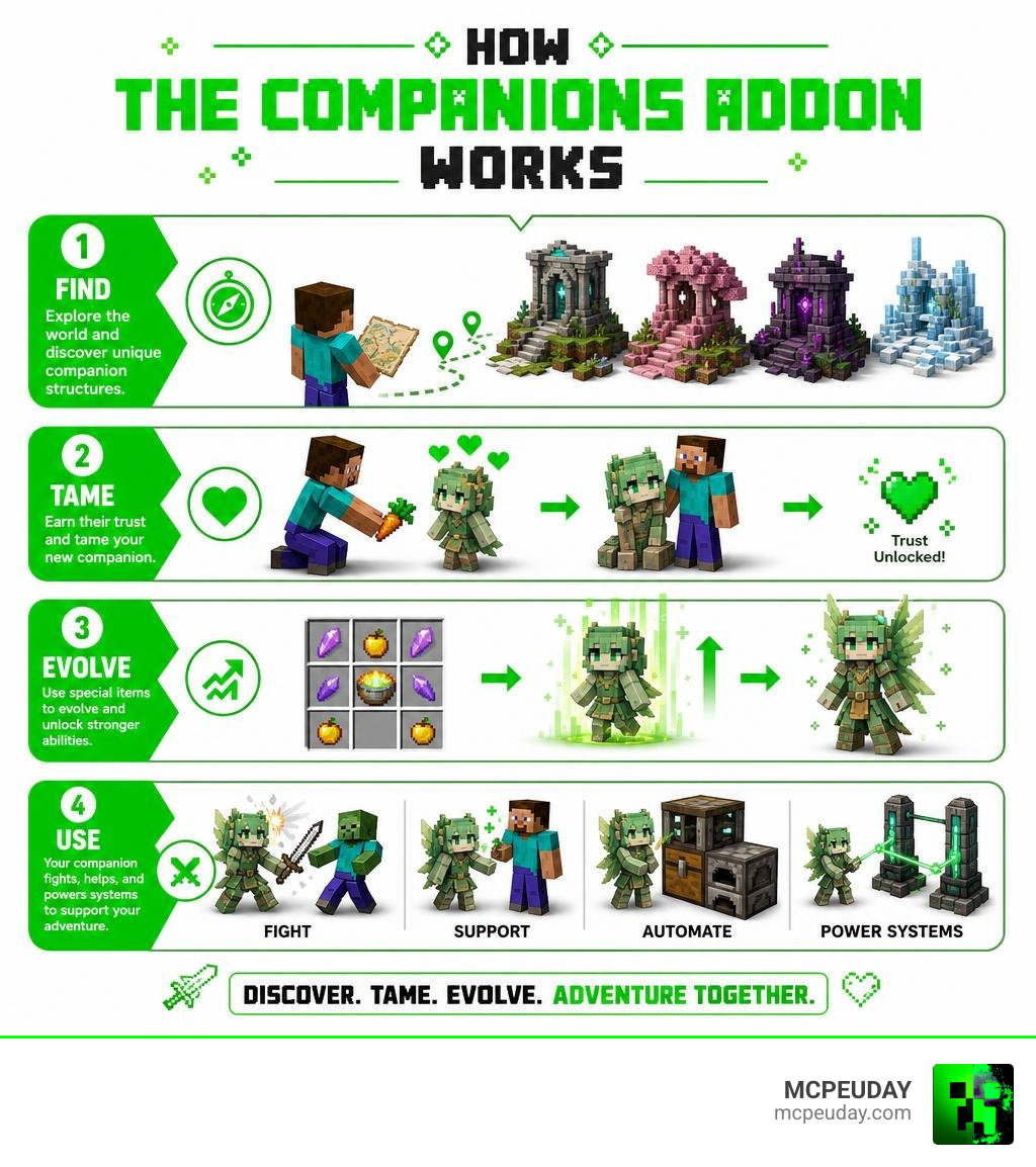 How The Companions Addon works: finding, taming, evolving, and using companions in Minecraft infographic
