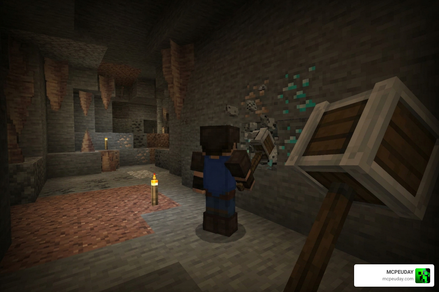 Minecraft Bedrock player using 3x3 Hammer to mine ore vein