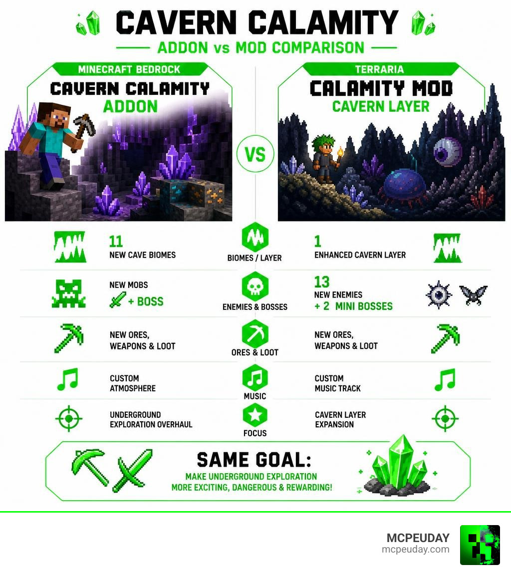Minecraft Cavern Calamity Addon vs Terraria Calamity Mod Cavern Layer comparison infographic infographic