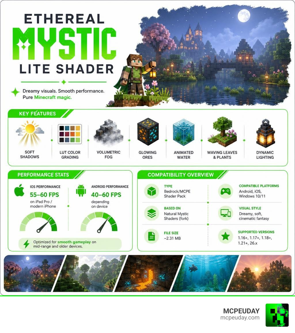Ethereal Mystic Lite Shader key features, performance stats, and compatibility overview infographic