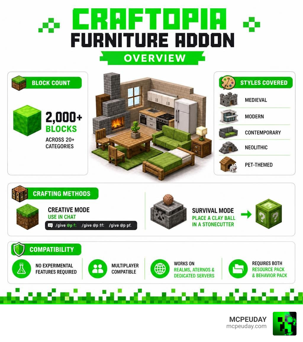 Craftopia Furniture Addon overview infographic with block count, styles, crafting methods, and compatibility infographic Craftopia Furniture Addon overview infographic with block count, styles, crafting methods, and compatibility infographic