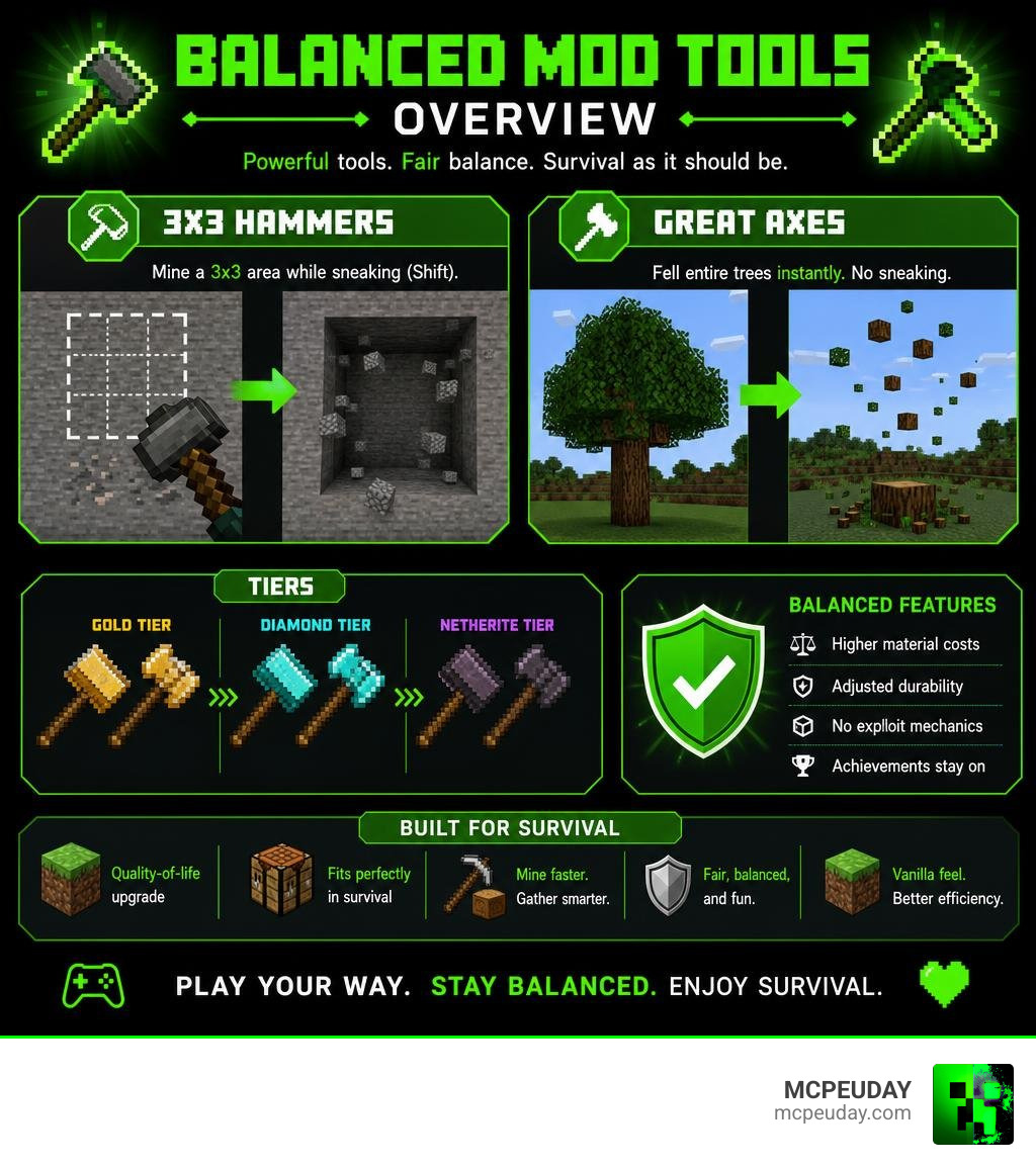 Balanced mod tools overview: Hammer 3x3 mining, Great Axe tree felling, tiers, balance features infographic