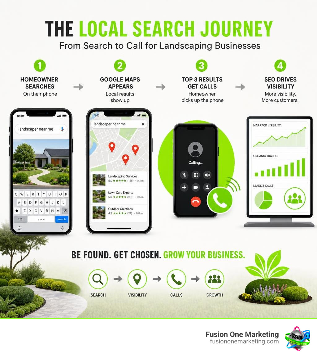 Infographic showing the local search journey: homeowner searches on phone, Google Maps appears, top 3 results get calls, SEO Infographic showing the local search journey: homeowner searches on phone, Google Maps appears, top 3 results get calls, SEO