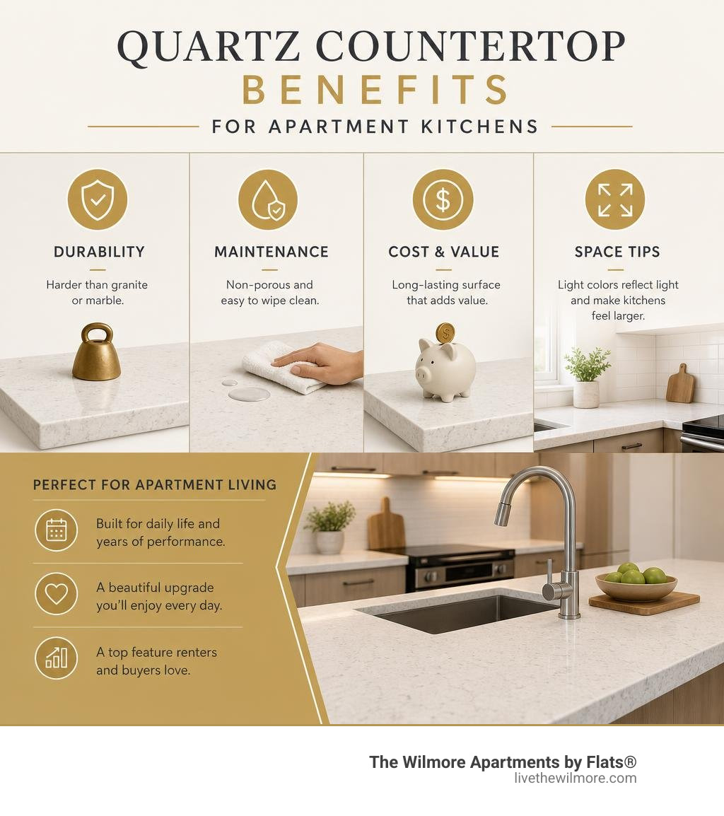 Quartz countertop benefits for apartment kitchens: durability, maintenance, cost, and space tips infographic