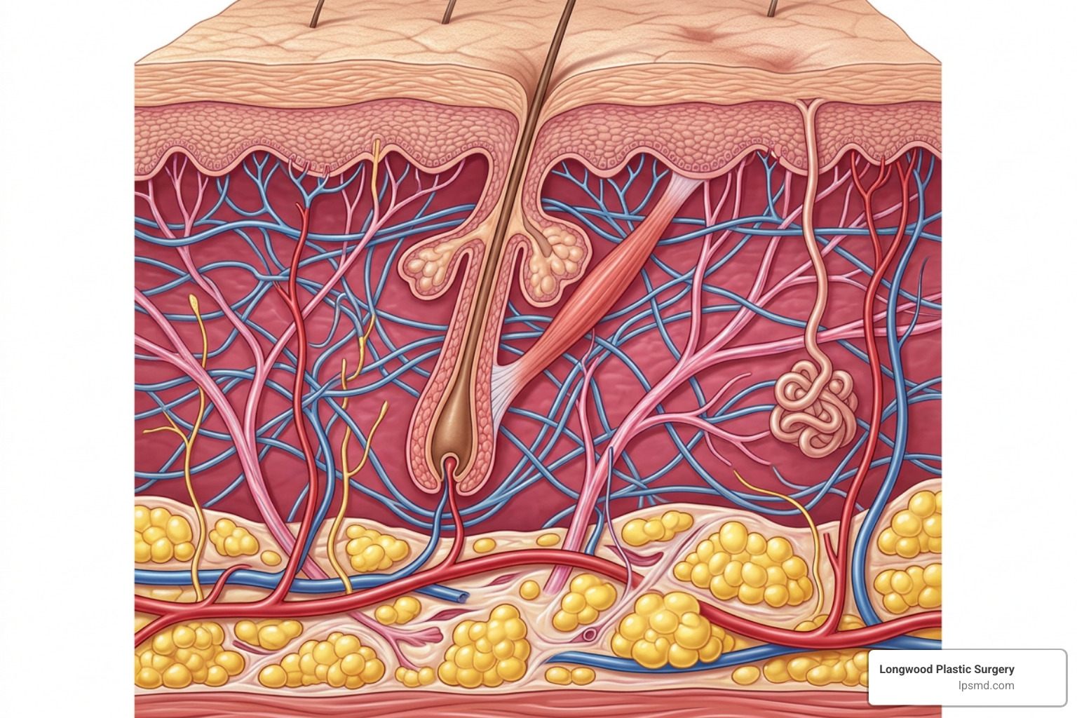 The three-layer skin structure showing collagen and elastin networks The three-layer skin structure showing collagen and elastin networks