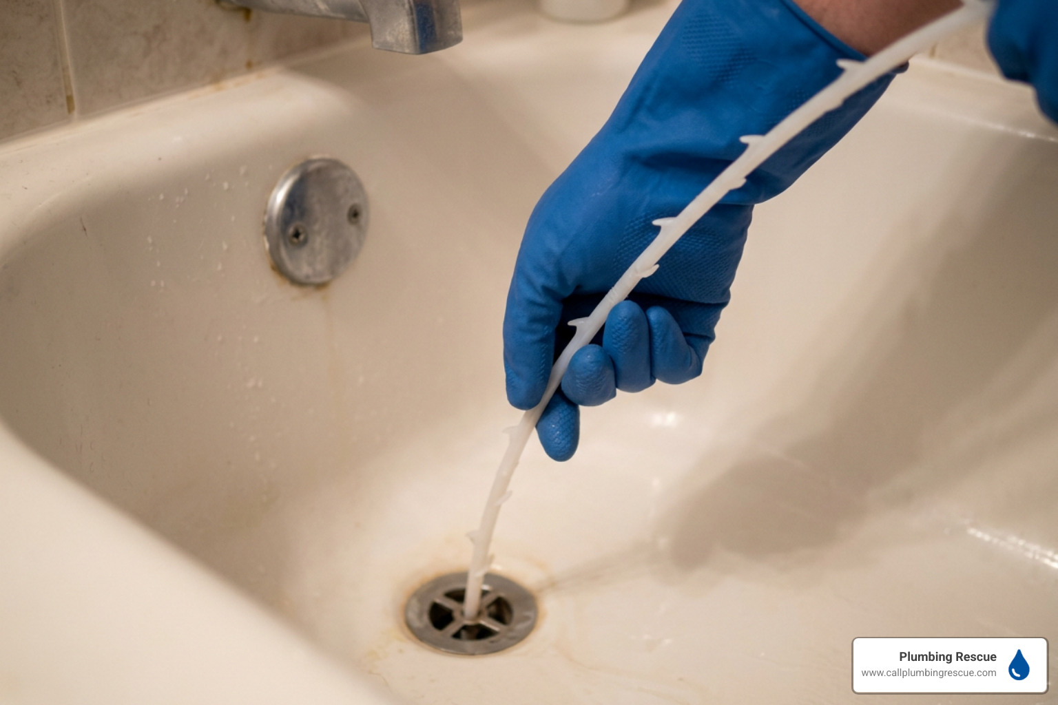 Removing hair blockages from a bathtub drain with a plastic zip-it tool Removing hair blockages from a bathtub drain with a plastic zip-it tool