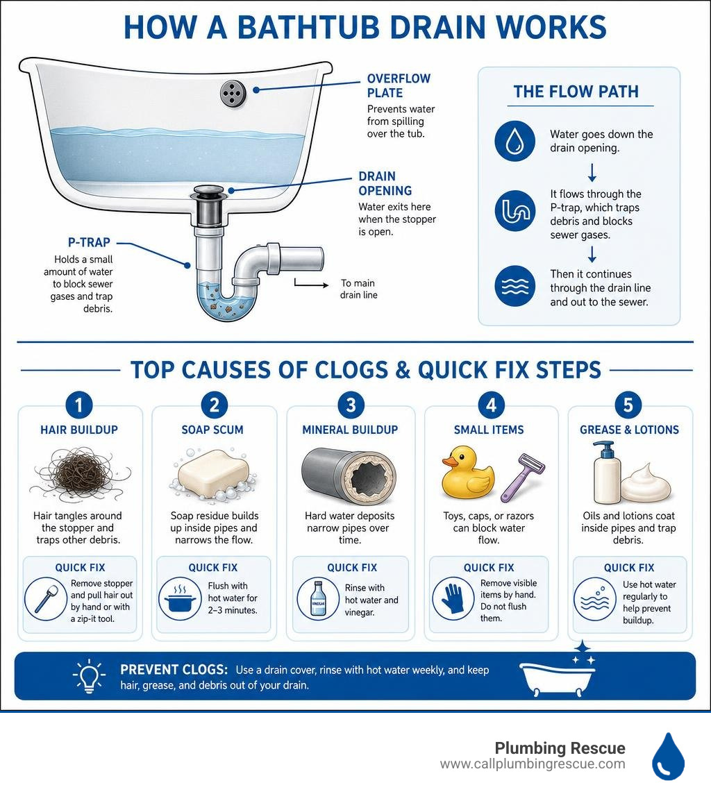 How a bathtub drain works and top causes of clogs with quick fix steps infographic How a bathtub drain works and top causes of clogs with quick fix steps infographic