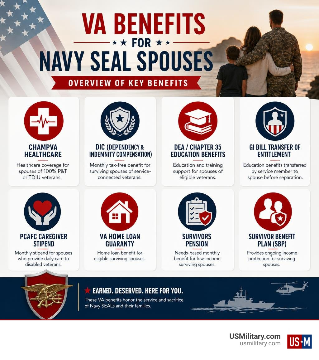 Overview infographic of VA military benefits available to Navy SEAL spouses including CHAMPVA DIC and education infographic