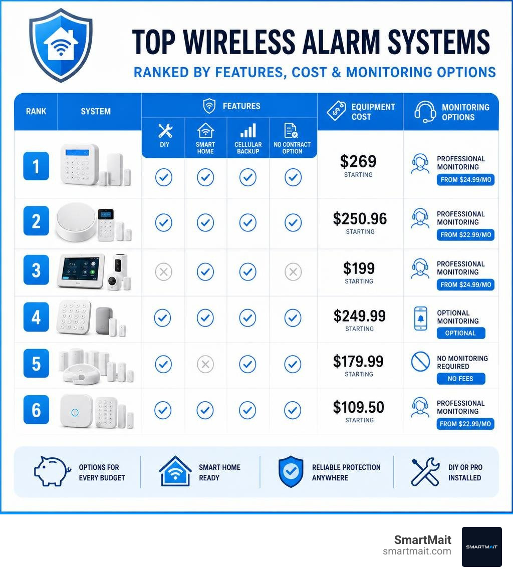comparison infographic of top wireless alarm systems ranked by features, cost, and monitoring options infographic