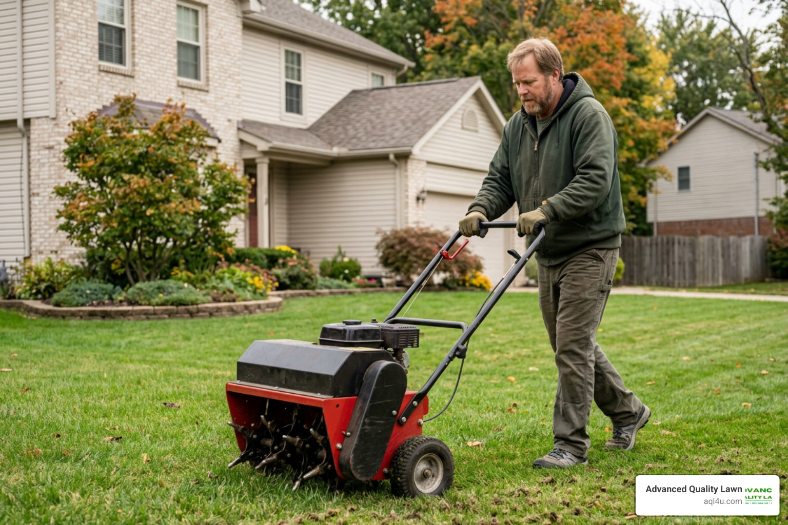 Homeowner aerating a residential lawn in Northeast Ohio