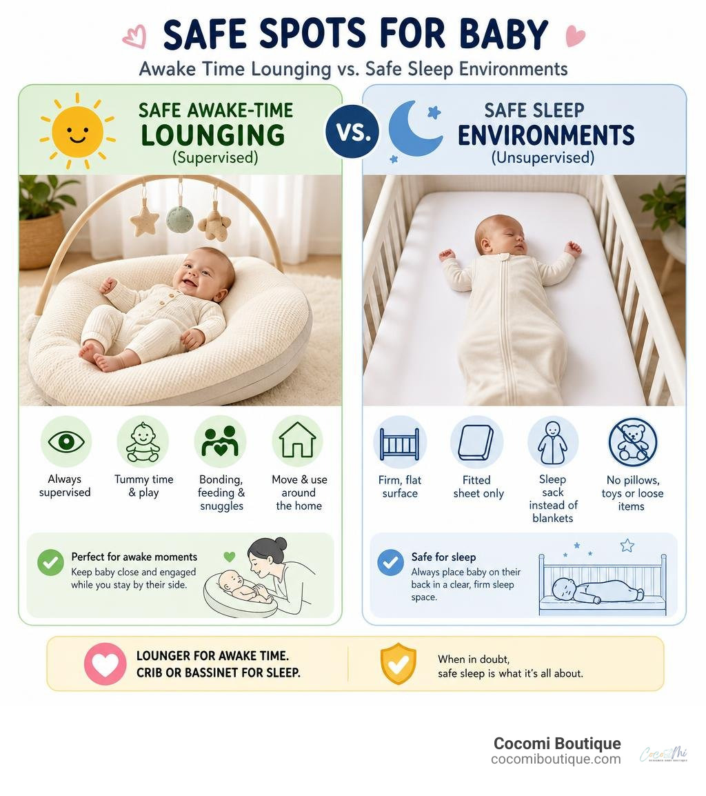 Infographic showing safe awake-time lounging vs safe sleep environments for infants infographic