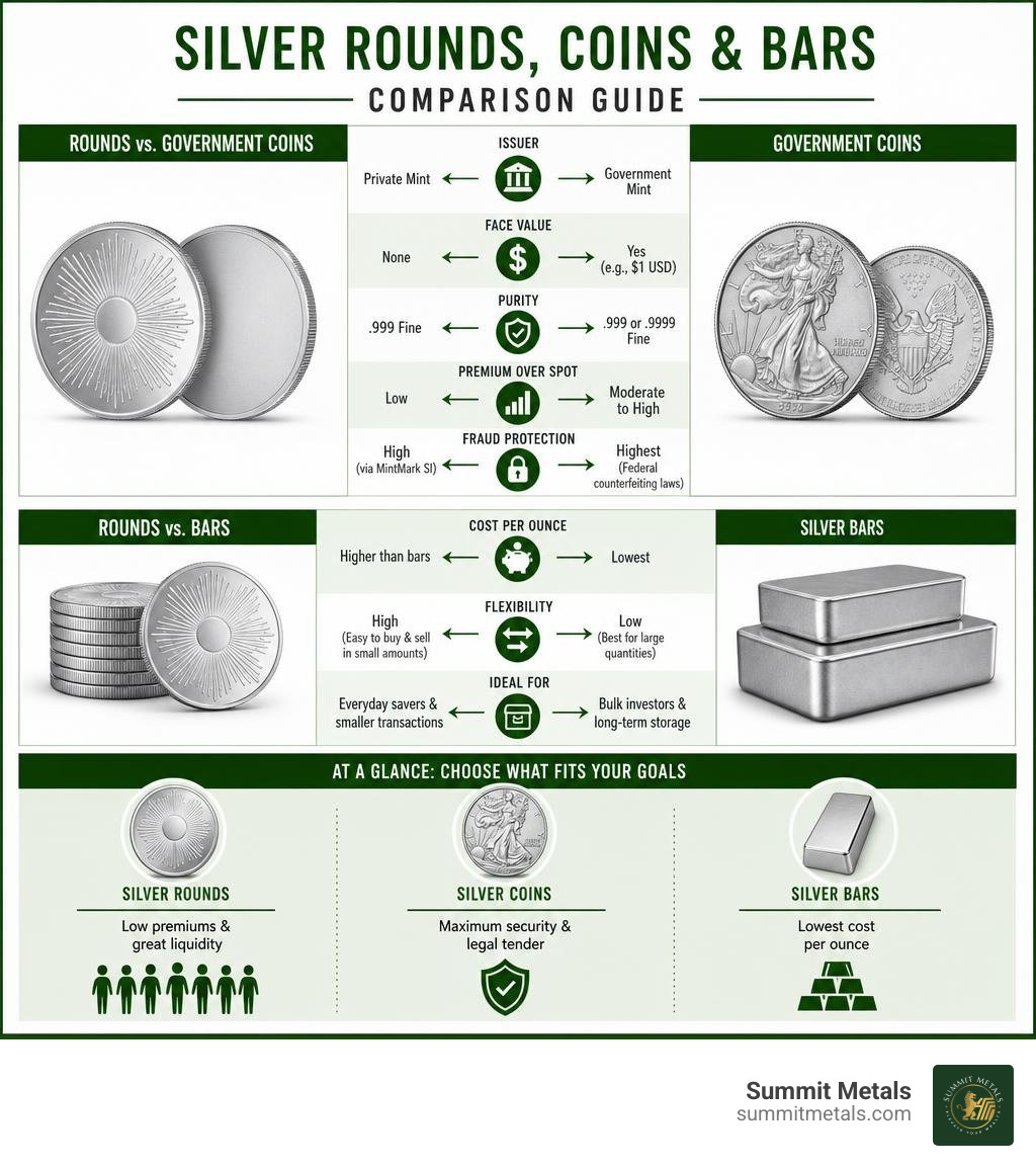 Comparison infographic showing silver rounds coins and bars without branded bullion imagery infographic Comparison infographic showing silver rounds coins and bars without branded bullion imagery infographic