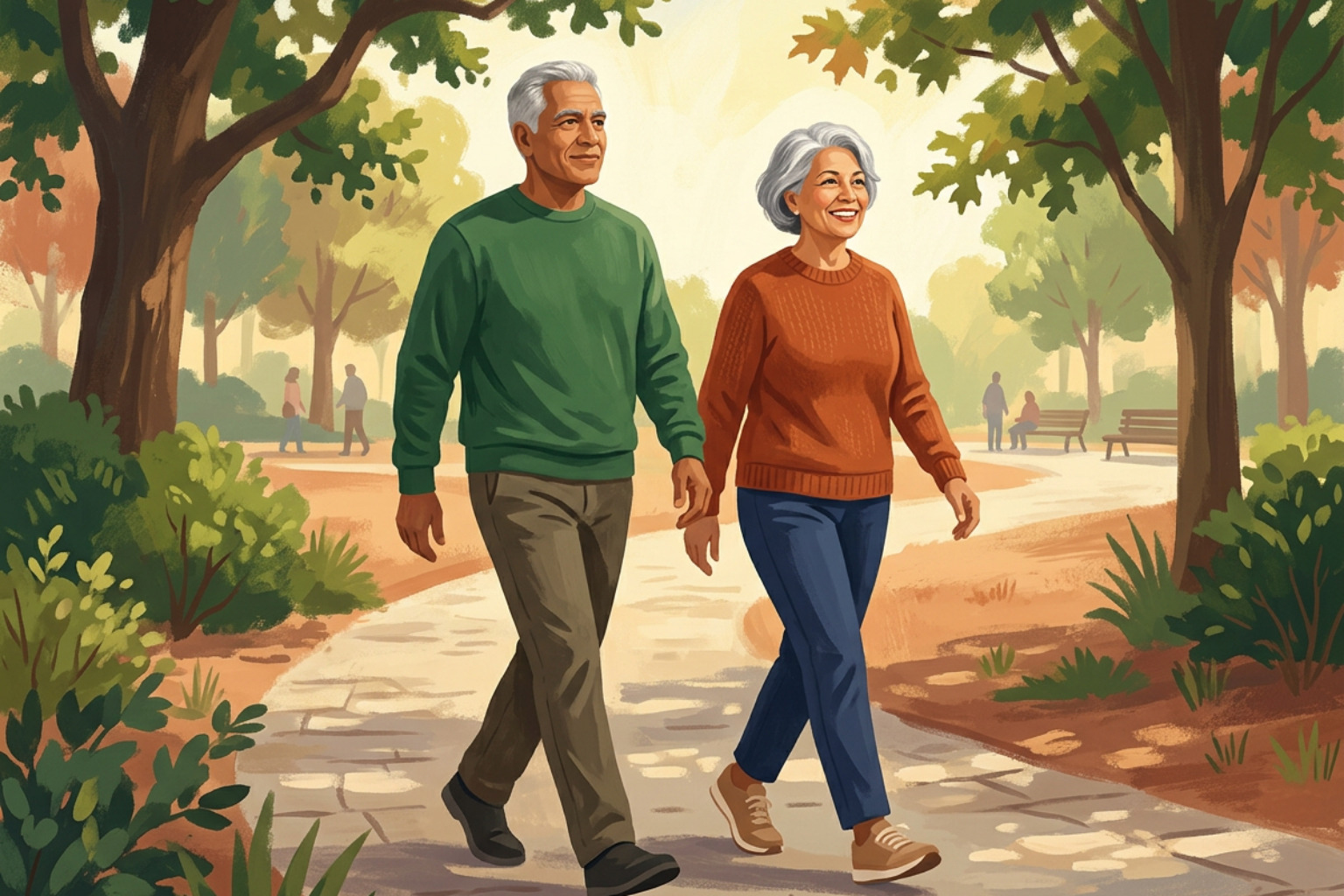 An active older couple walking confidently, demonstrating upright, healthy posture