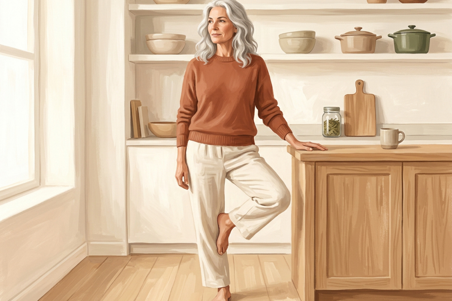 woman standing on one leg with hand support