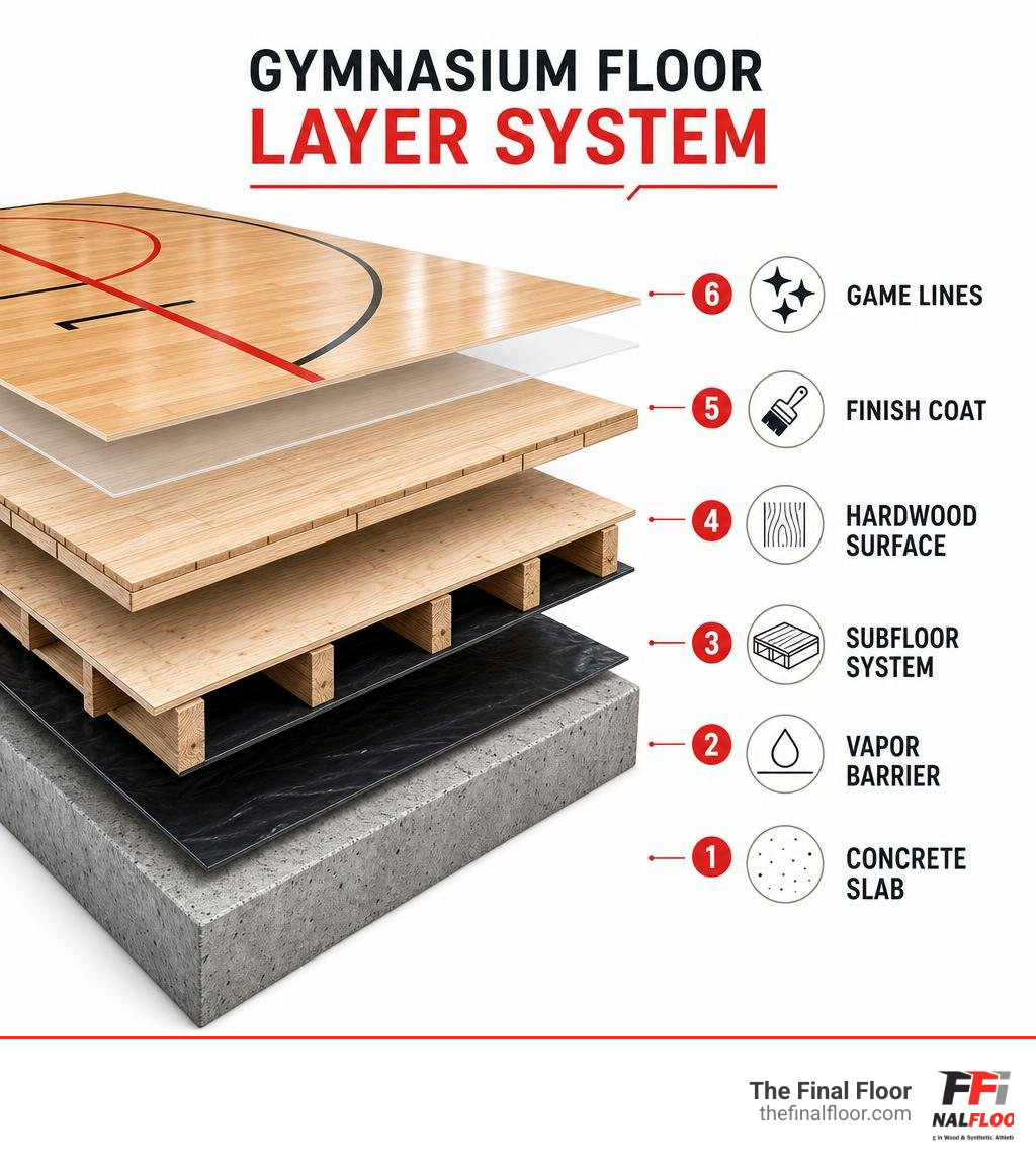 Infographic showing gymnasium floor layers: concrete slab, vapor barrier, subfloor system, hardwood surface, finish coat Infographic showing gymnasium floor layers: concrete slab, vapor barrier, subfloor system, hardwood surface, finish coat