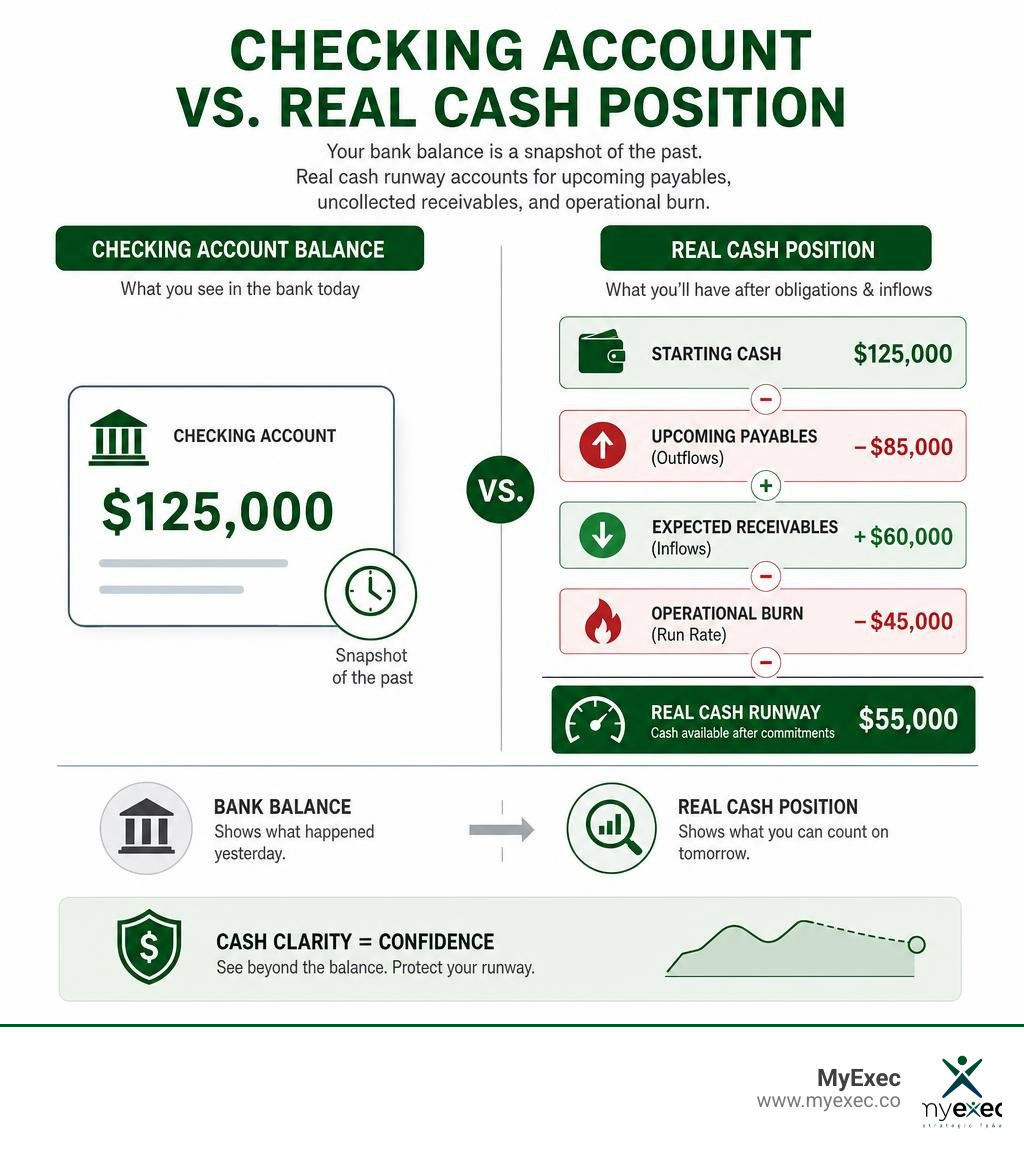 Checking Account vs. Real Cash Position infographic comparing bank balance to upcoming payables receivables and cash runway Checking Account vs. Real Cash Position infographic comparing bank balance to upcoming payables receivables and cash runway
