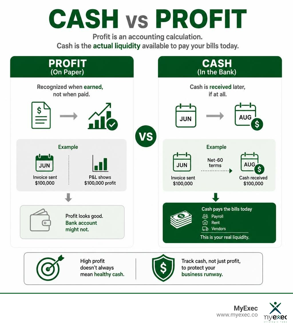 Cash vs Profit infographic explaining the difference between accounting profit and actual liquidity infographic Cash vs Profit infographic explaining the difference between accounting profit and actual liquidity infographic