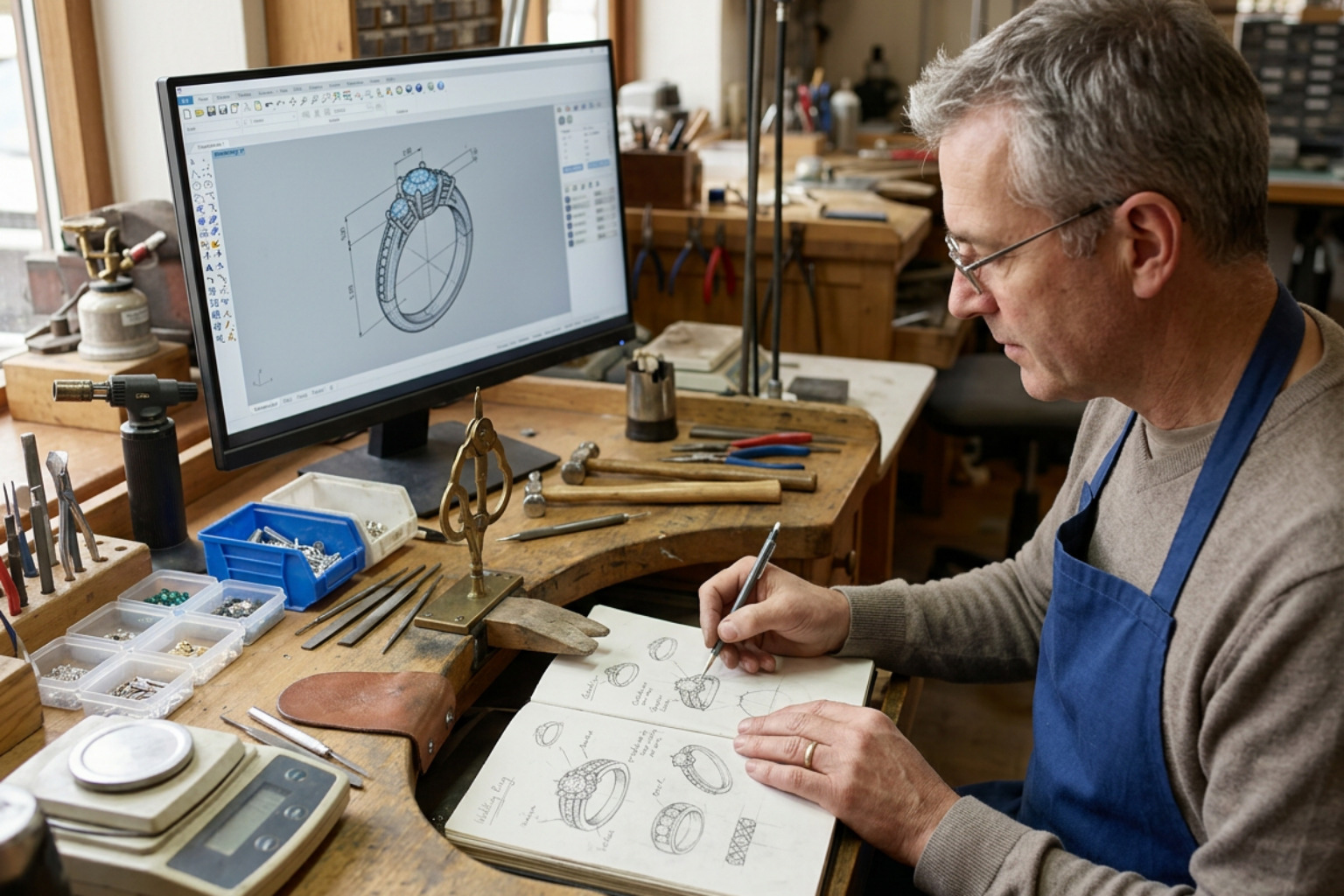 Jeweler sketching a custom wedding ring design with precision CAD tools in a local workshop