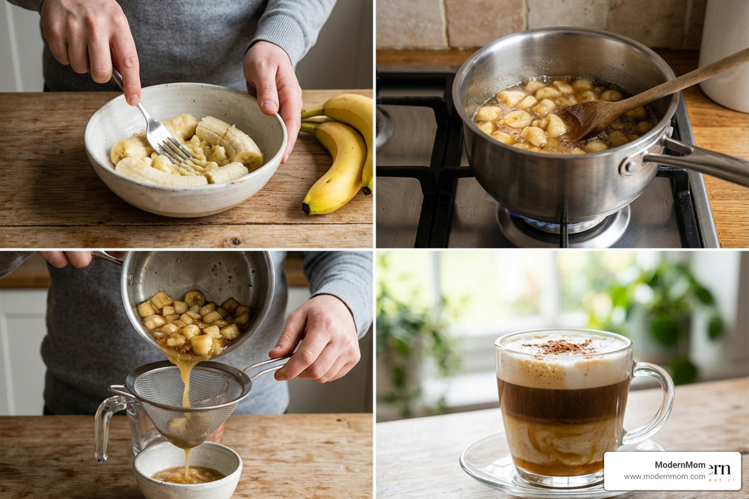 Step-by-step process of mashing banana, simmering syrup, straining, and assembling the latte