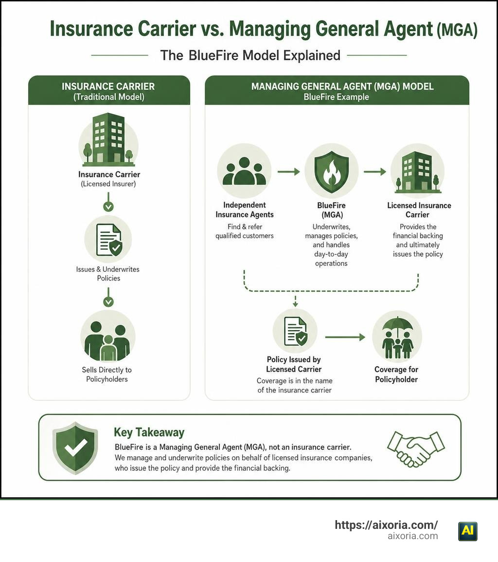 Infographic comparing insurance carrier vs Managing General Agent MGA model with BlueFire example infographic Infographic comparing insurance carrier vs Managing General Agent MGA model with BlueFire example infographic