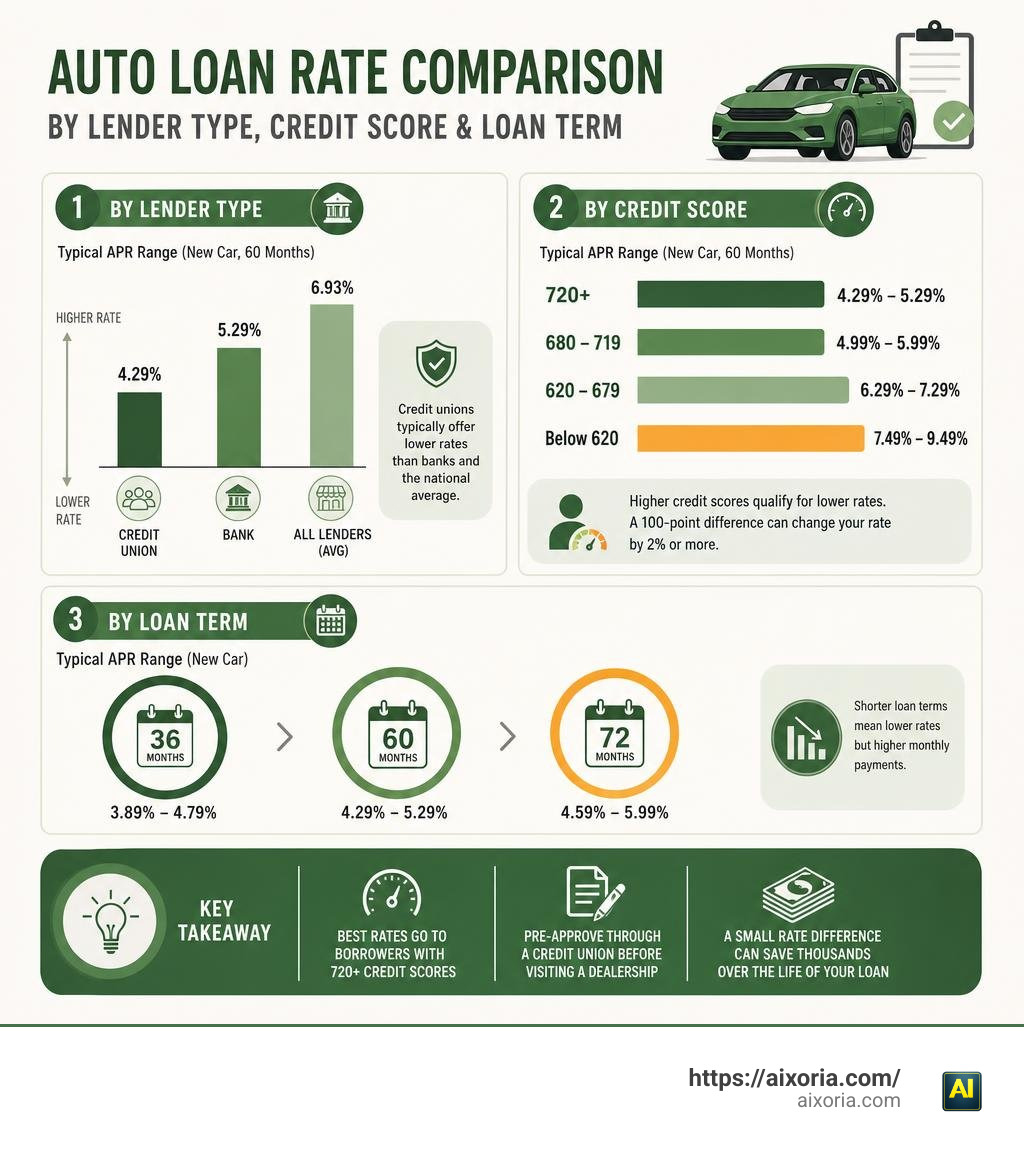 Auto loan rate comparison by lender type, credit score, and loan term infographic infographic