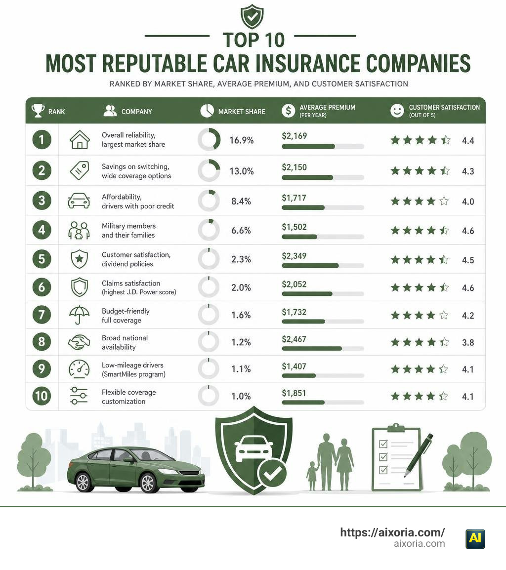 Top 10 most reputable car insurance companies ranked by market share, average premium, and customer satisfaction infographic