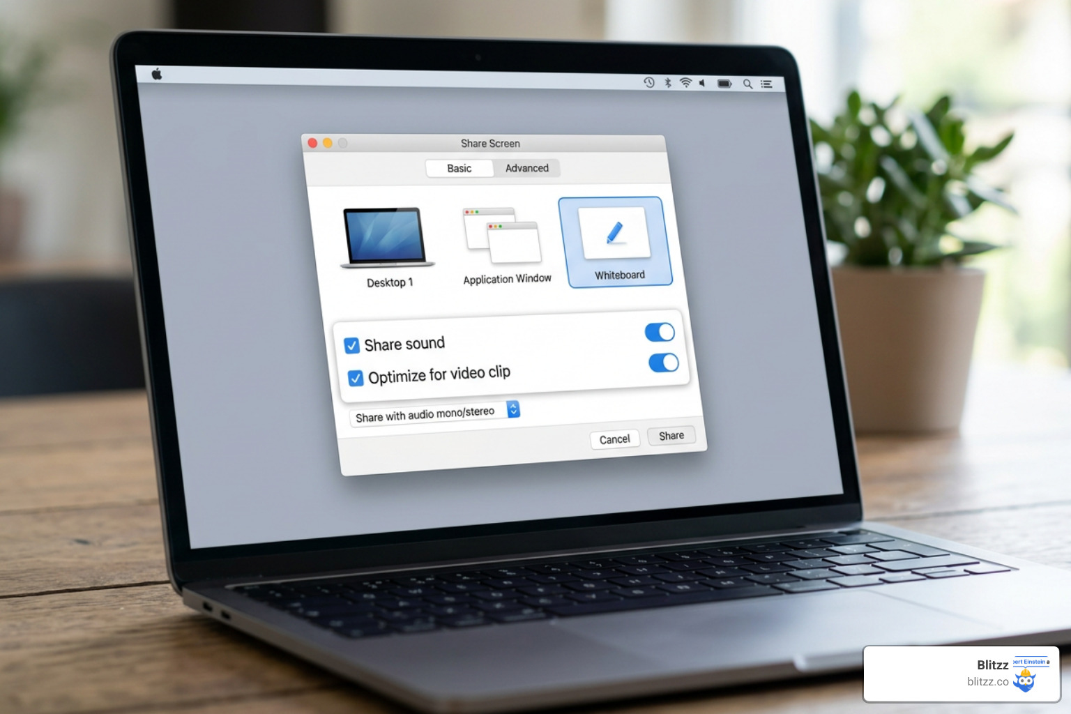 Video conferencing screen share controls showing audio and optimization toggles Video conferencing screen share controls showing audio and optimization toggles