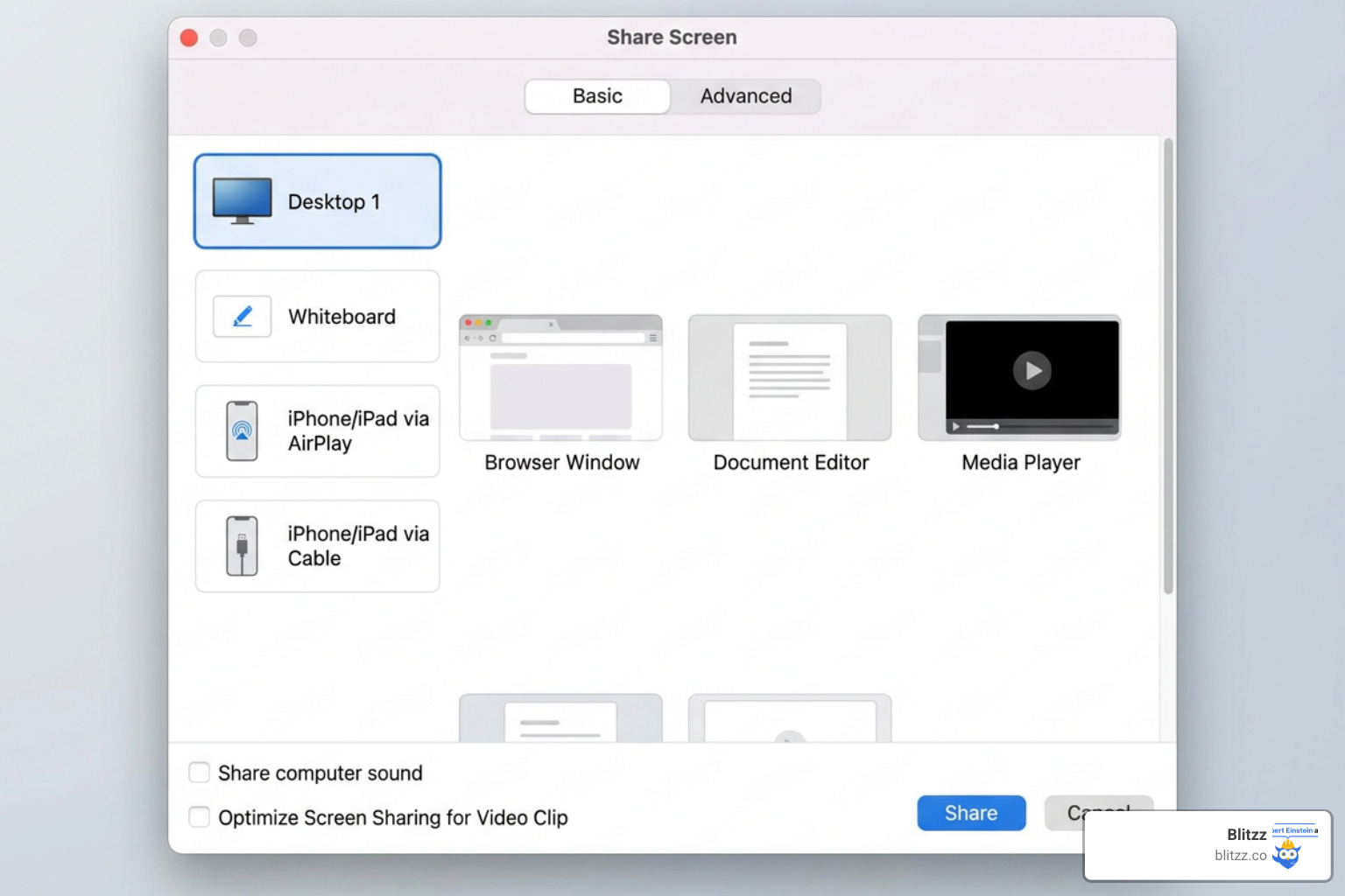 Zoom desktop client screen share selection window with Basic and Advanced options Zoom desktop client screen share selection window with Basic and Advanced options