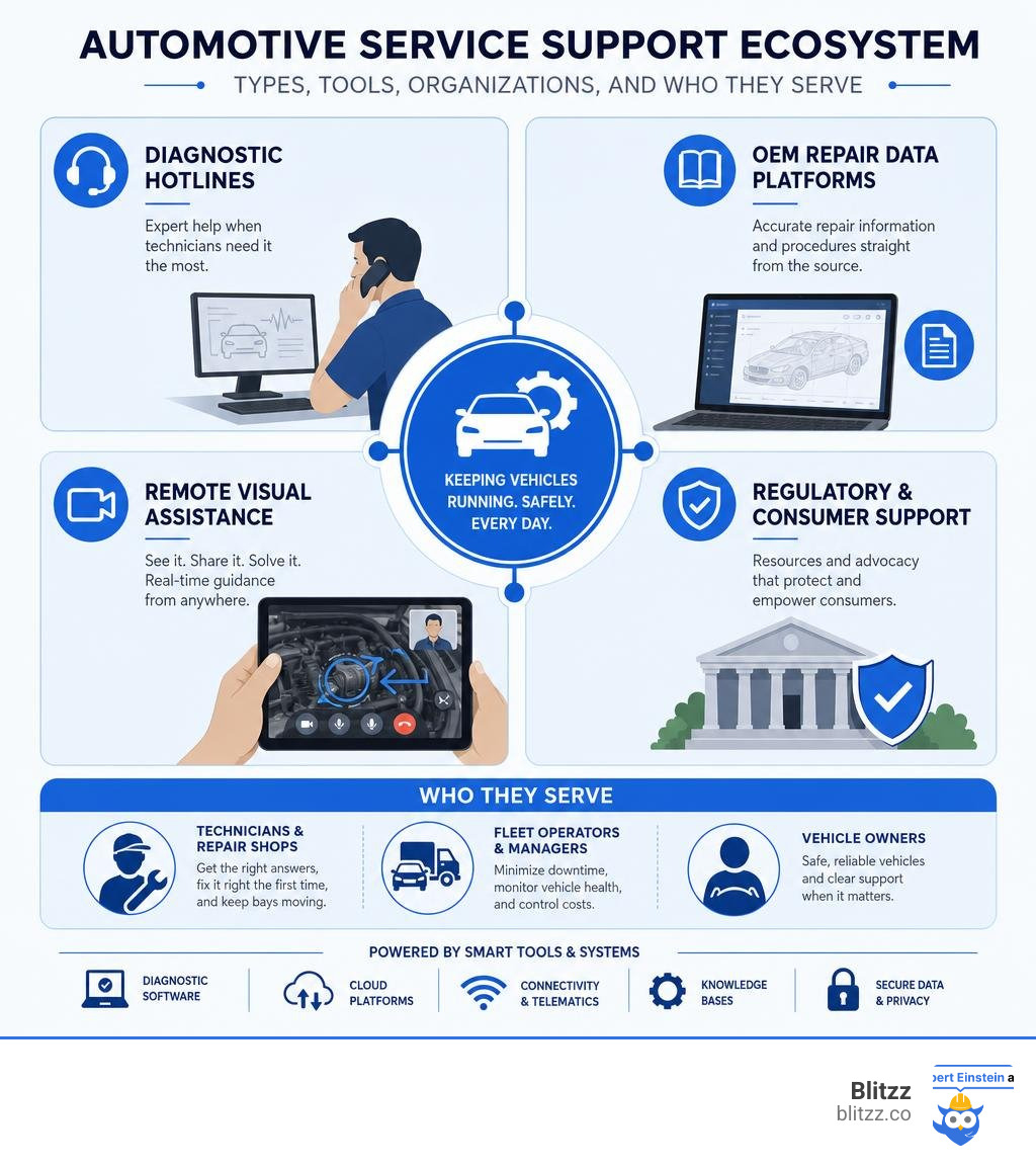 Automotive service support ecosystem: types, tools, organizations, and who they serve infographic Automotive service support ecosystem: types, tools, organizations, and who they serve infographic
