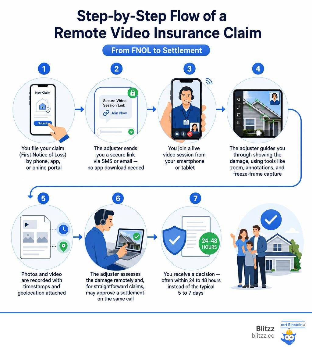 Step-by-step flow of a remote video insurance claim from FNOL to settlement infographic Step-by-step flow of a remote video insurance claim from FNOL to settlement infographic