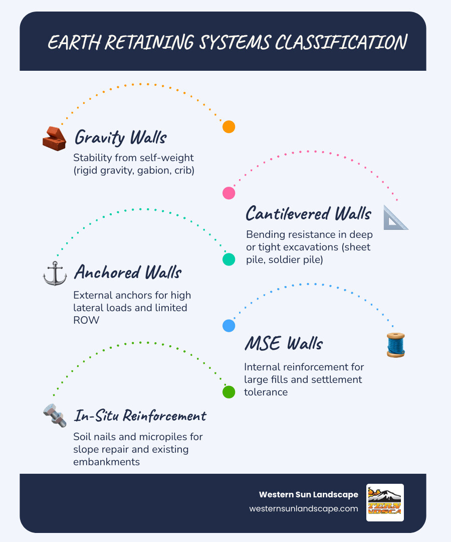 Earth retaining system types classified by mechanism, height, and application infographic Earth retaining system types classified by mechanism, height, and application infographic
