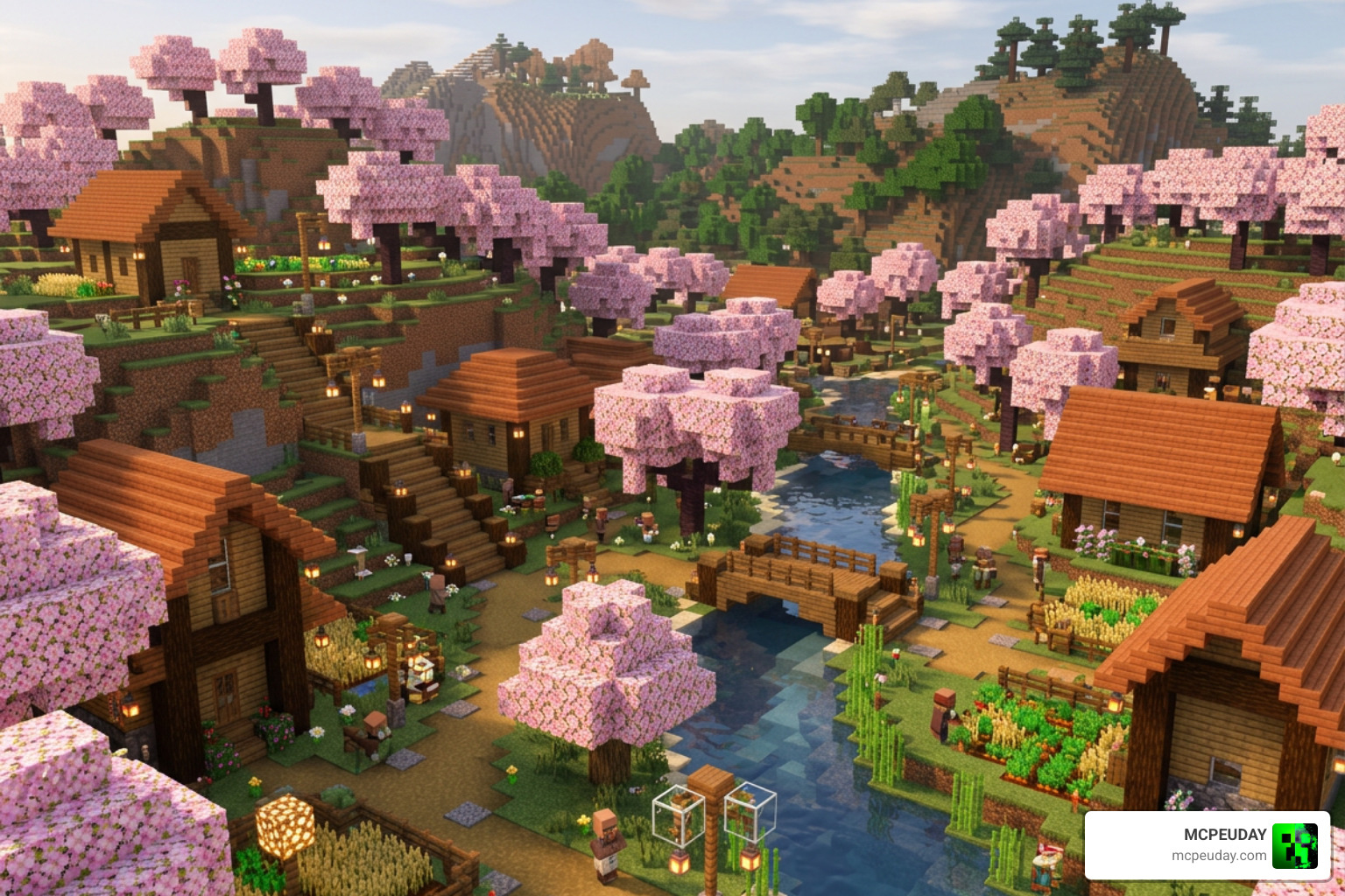 Cherry Blossom Village in Minecraft Bedrock generated by Villages Plus Addon Cherry Blossom Village in Minecraft Bedrock generated by Villages Plus Addon