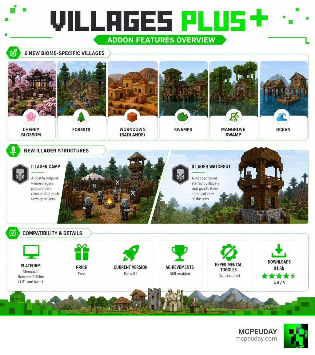 Villages Plus Addon features overview infographic showing village types, illager structures, and compatibility details Villages Plus Addon features overview infographic showing village types, illager structures, and compatibility details