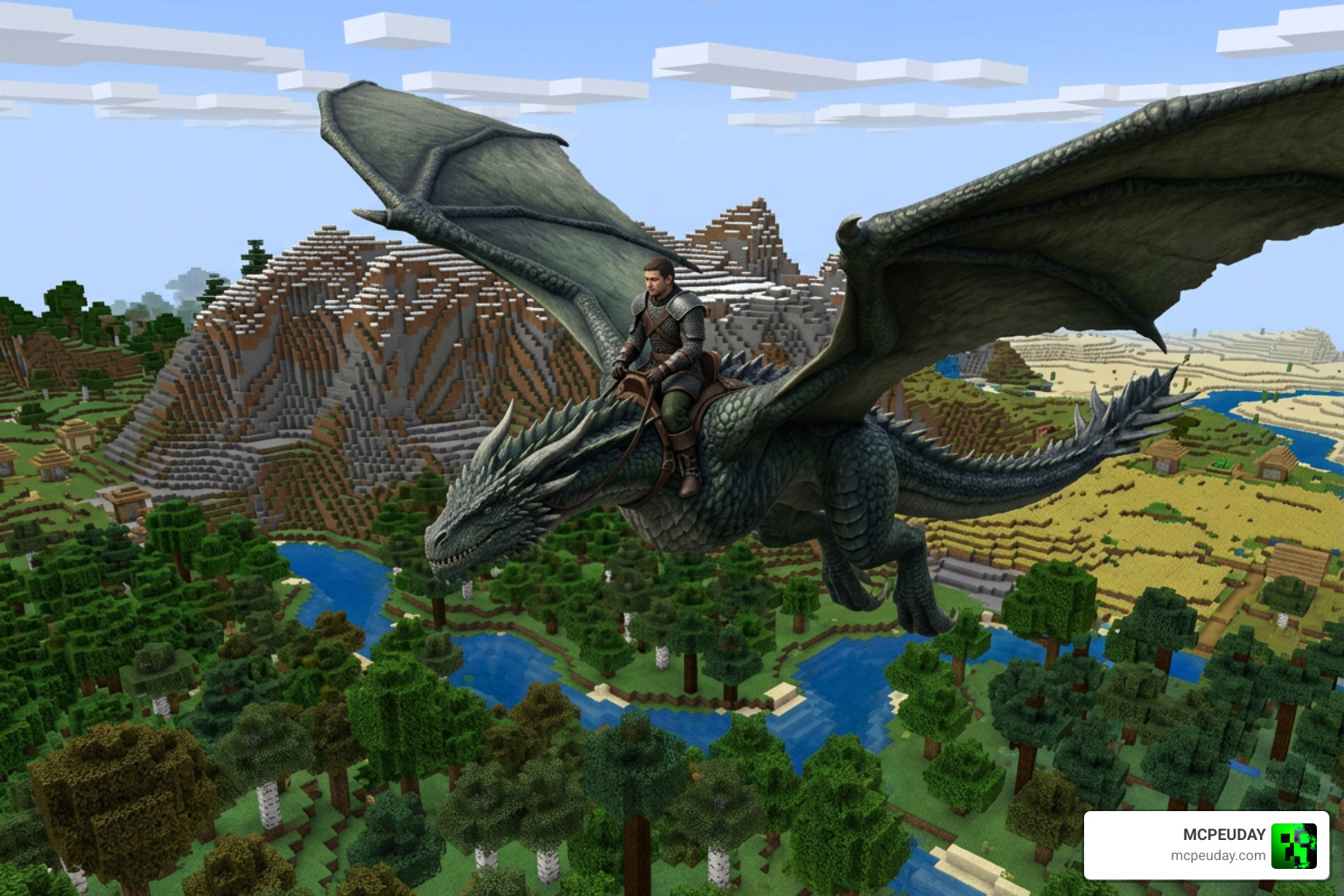 Player riding a fully grown dragon over Minecraft biomes