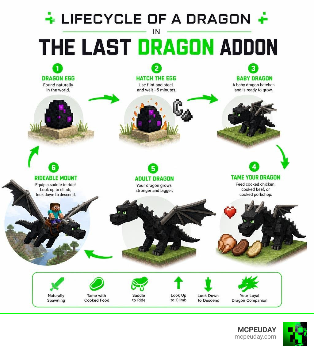 Lifecycle of a dragon in The Last Dragon Addon from egg to tamed rideable mount infographic