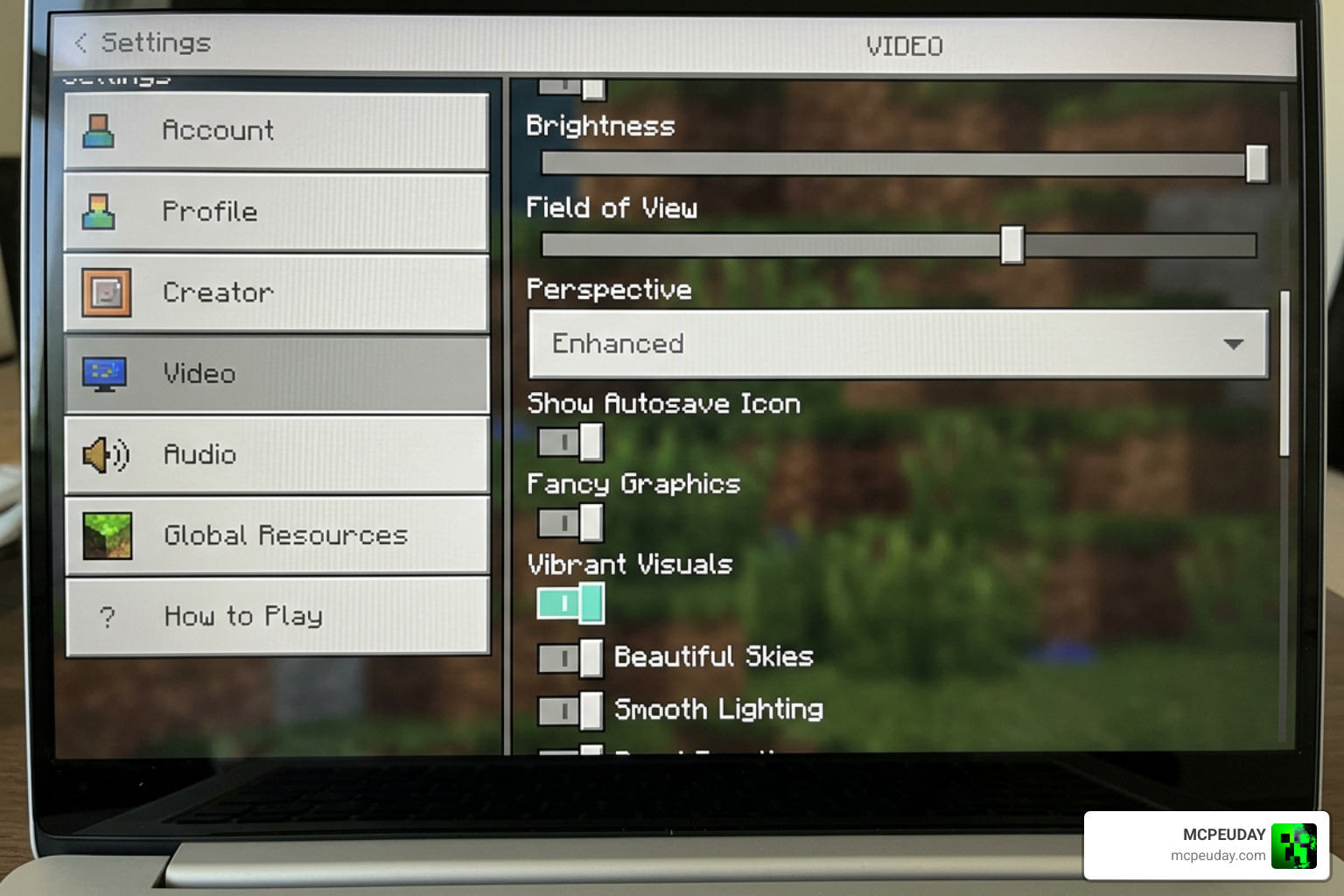 Minecraft settings menu for enabling shaders