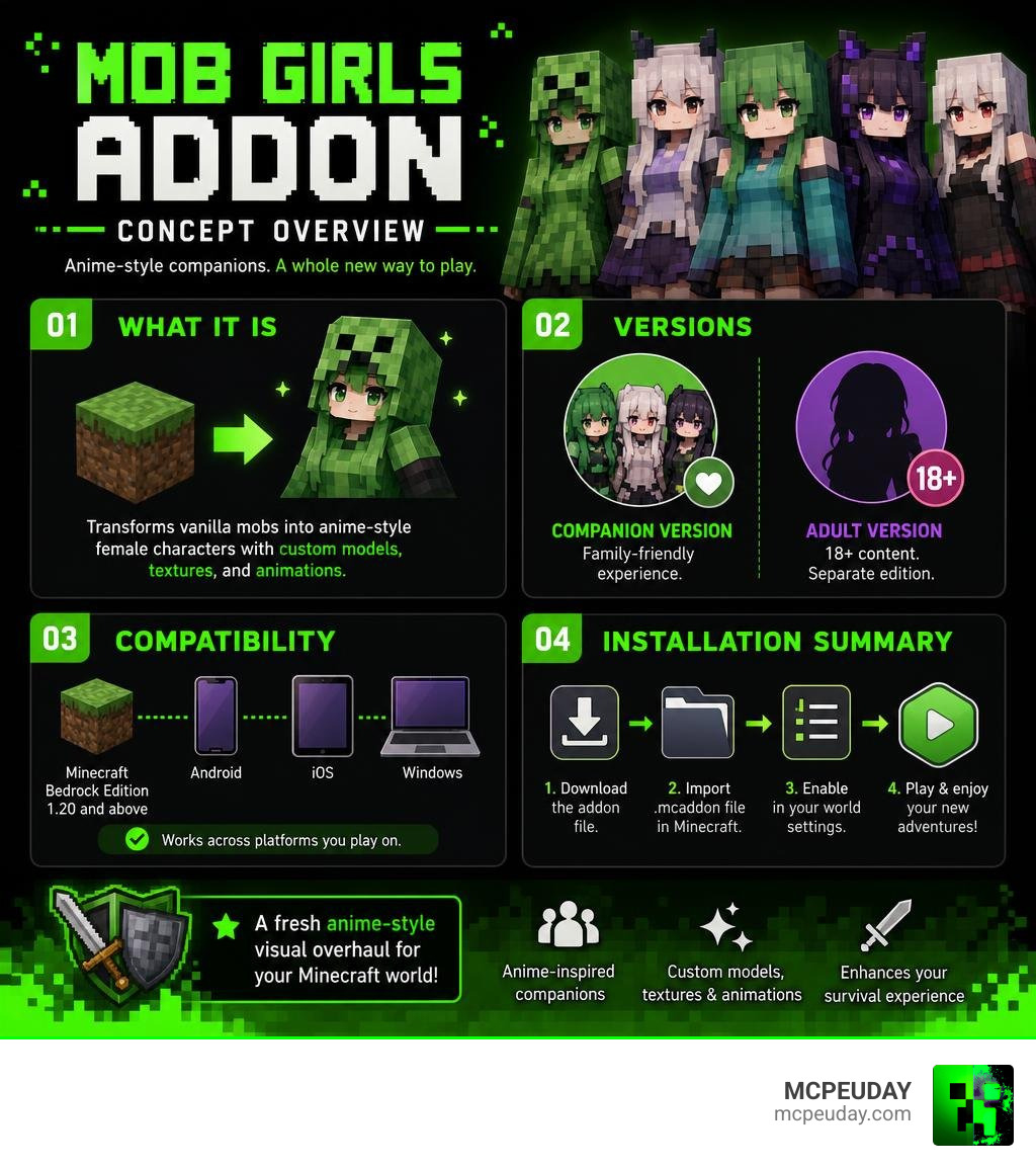 Mob Girls Addon concept overview: what it is, versions, compatibility, and installation summary infographic