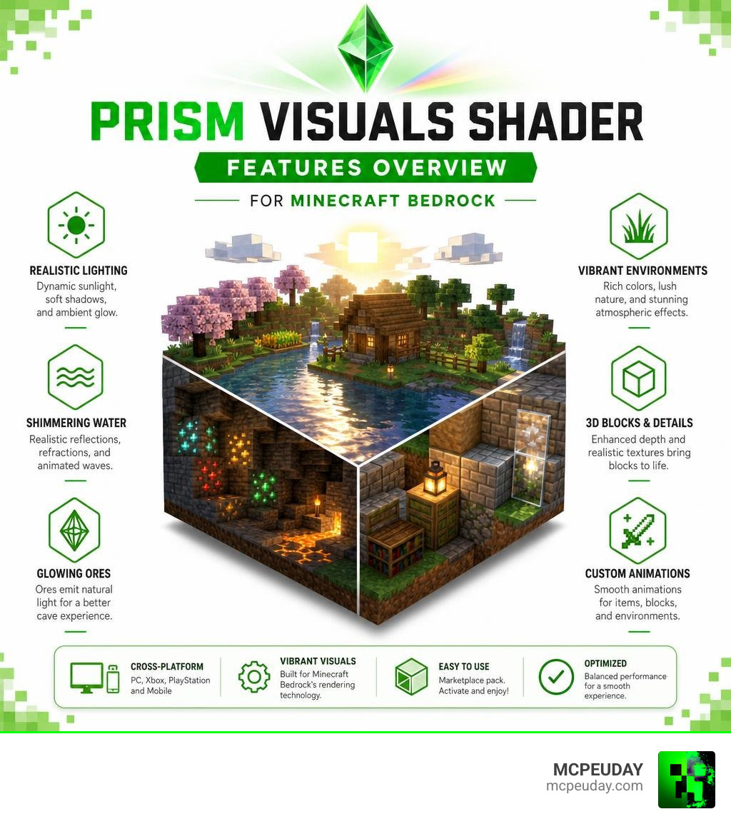 Prism Visuals Shader features overview infographic for Minecraft Bedrock infographic