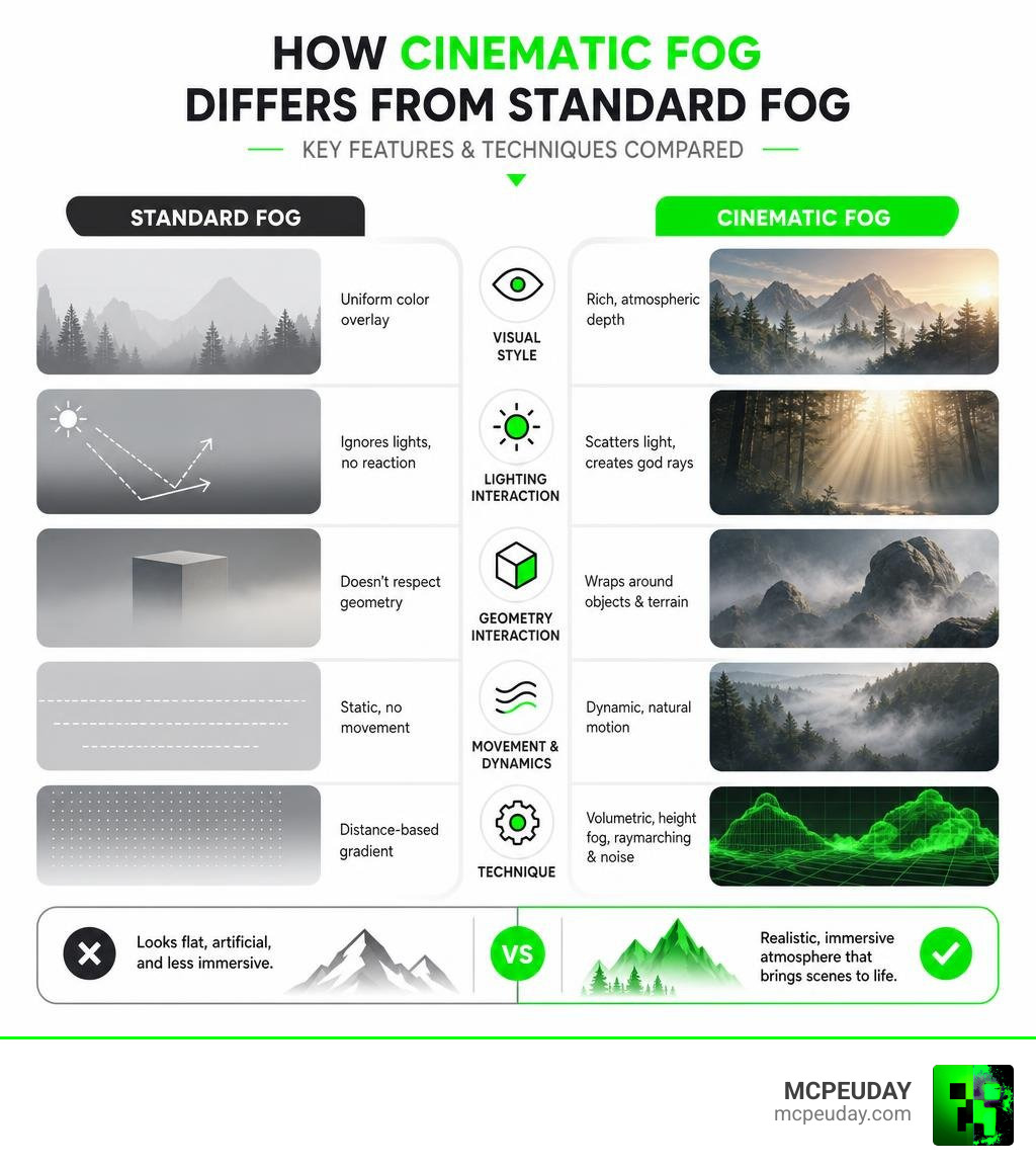 How cinematic fog differs from standard fog — key features and techniques compared infographic