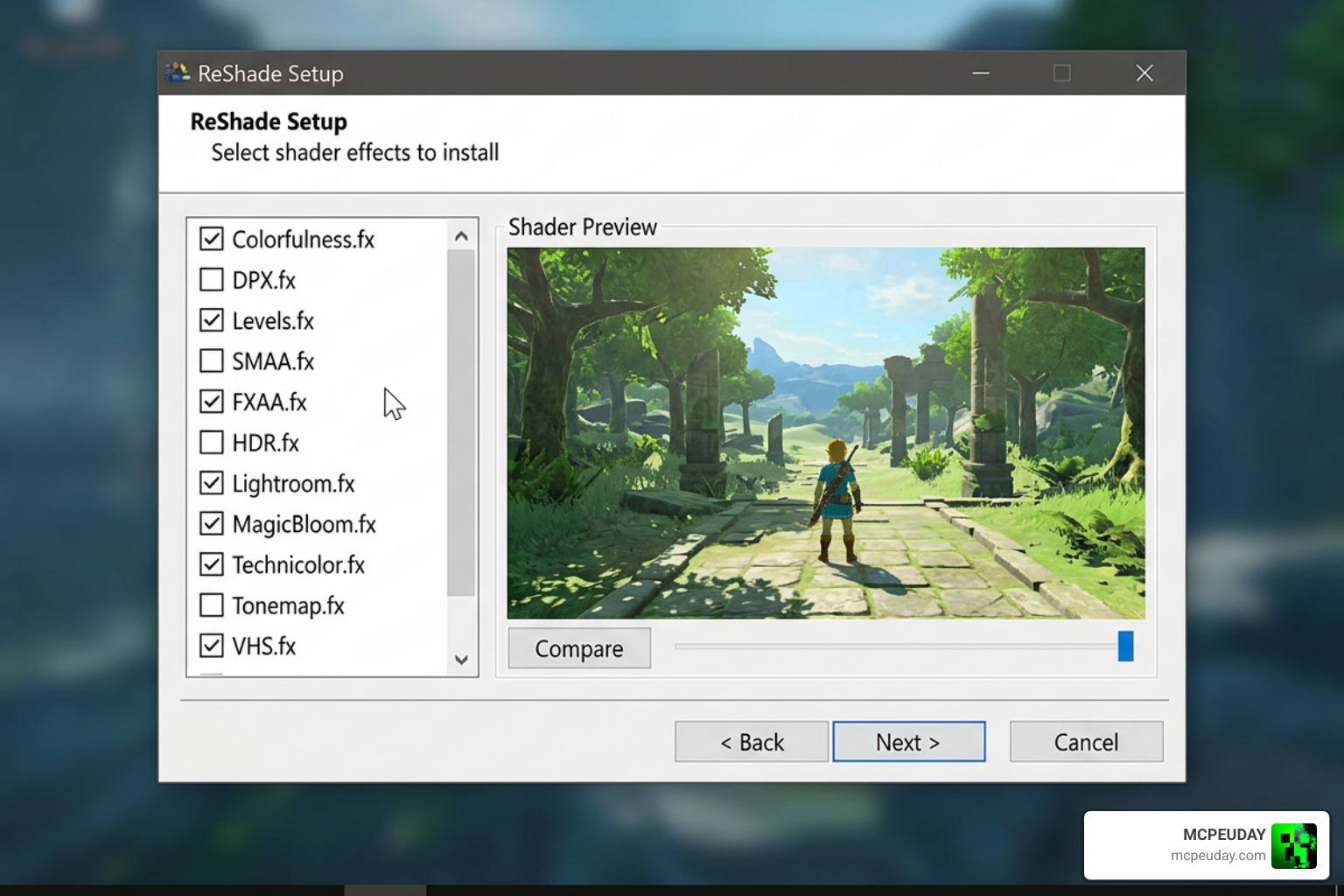 ReShade preset installation menu and shader selection wizard