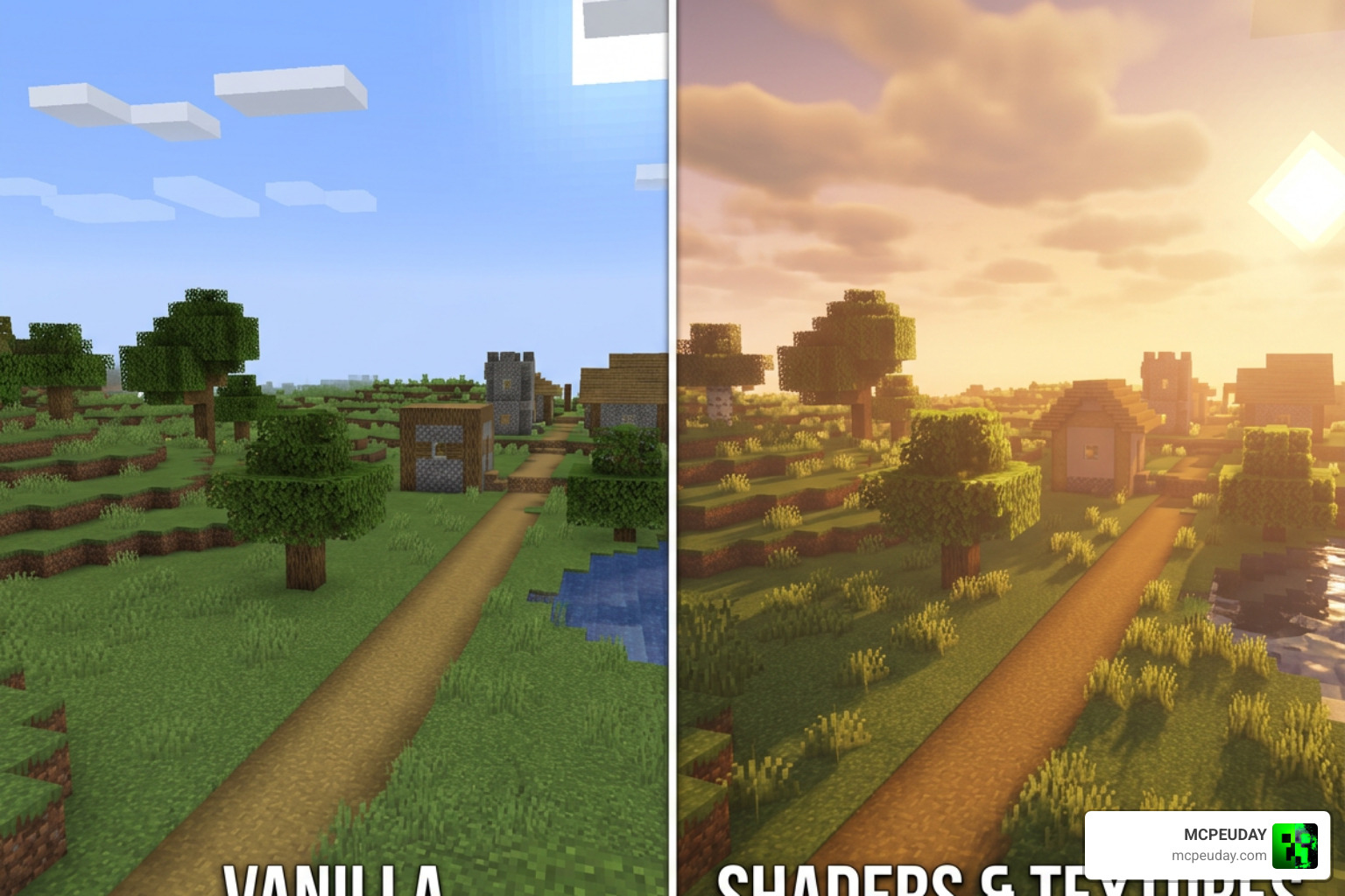 Vanilla vs Summerset Visuals Shader comparison showing warm golden hour tones