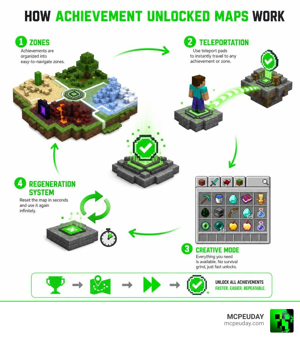 How Achievement Unlocked Maps work: zones, teleportation, creative mode, and regeneration system infographic How Achievement Unlocked Maps work: zones, teleportation, creative mode, and regeneration system infographic