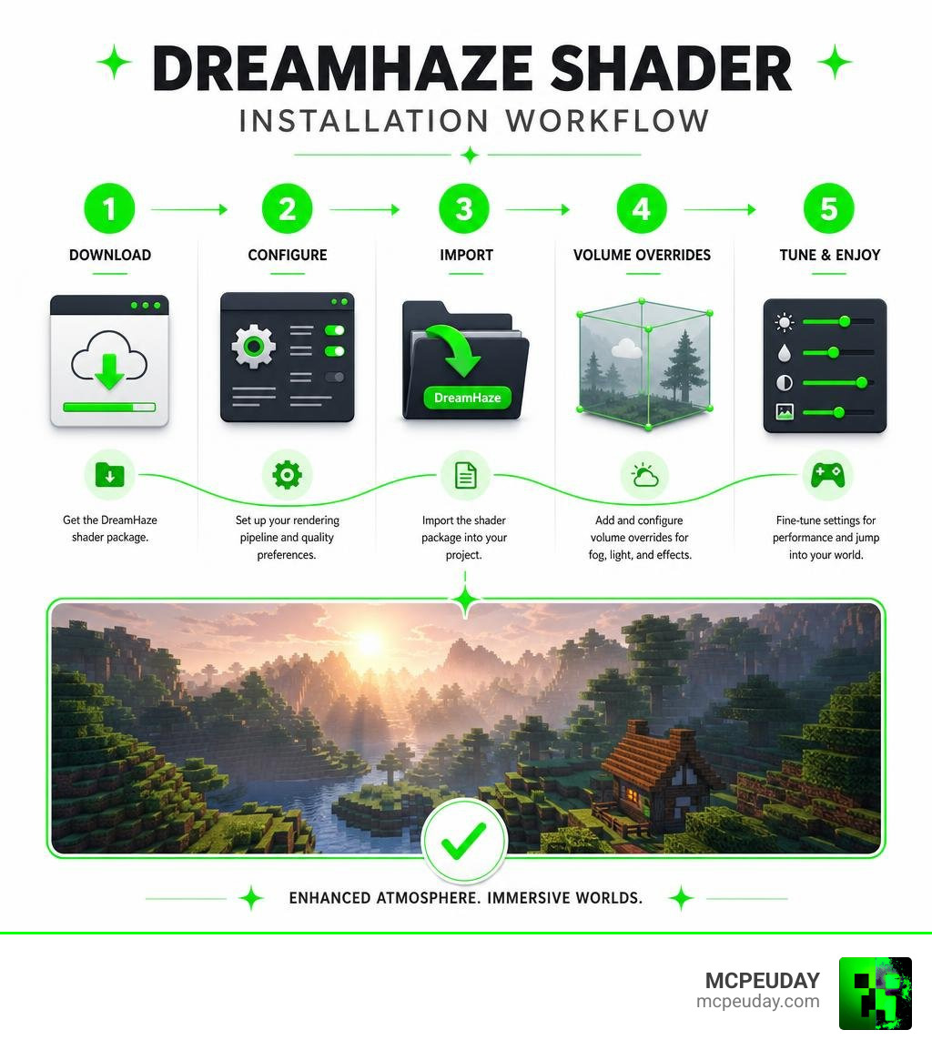 DreamHaze Shader installation workflow from download to in-game visual setup infographic