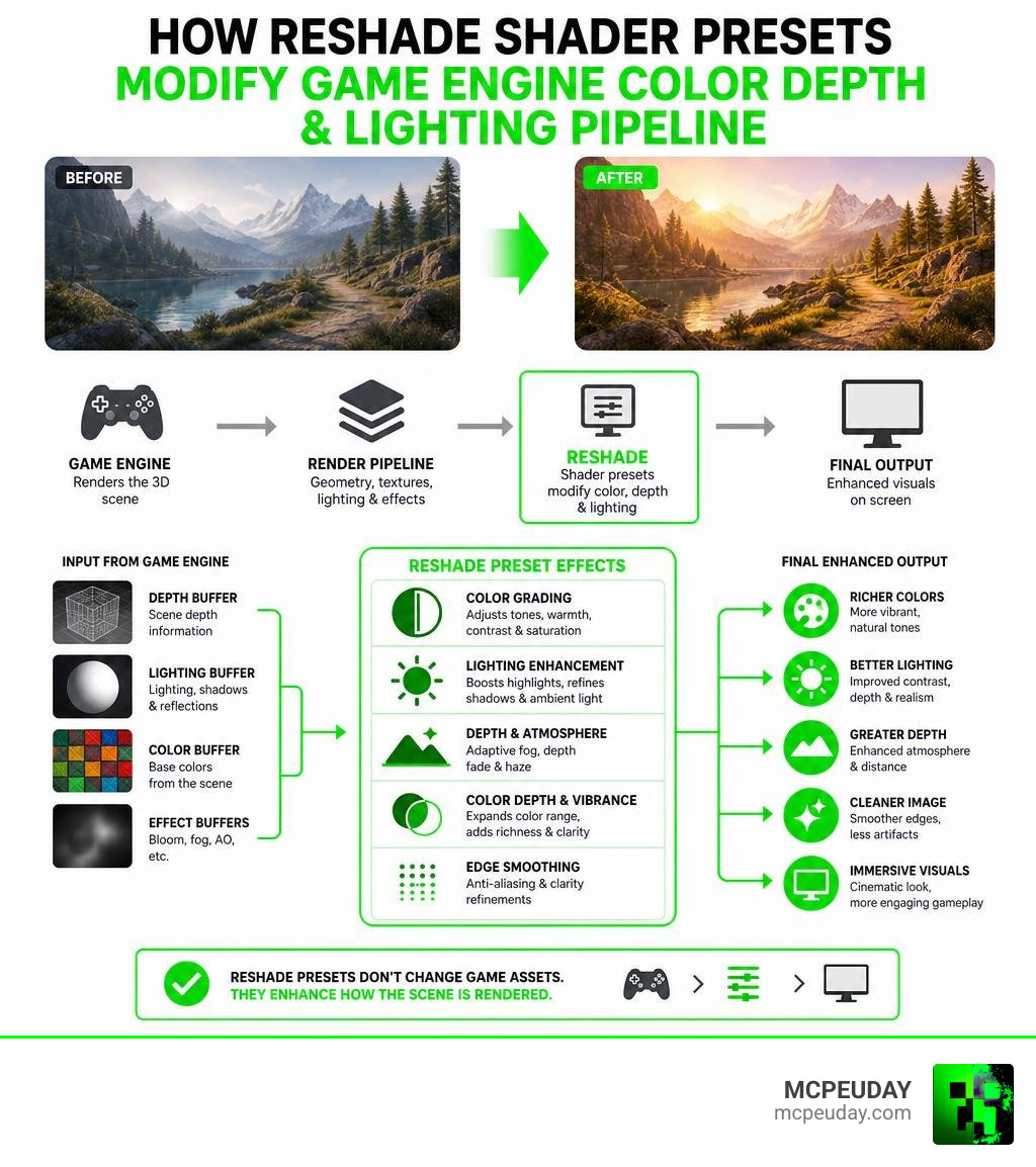 How ReShade shader presets modify game engine color depth and lighting pipeline infographic