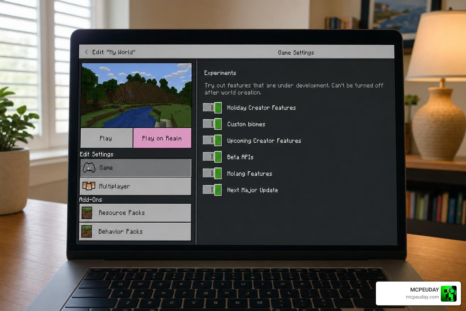 Minecraft Bedrock experimental settings toggle screen layout