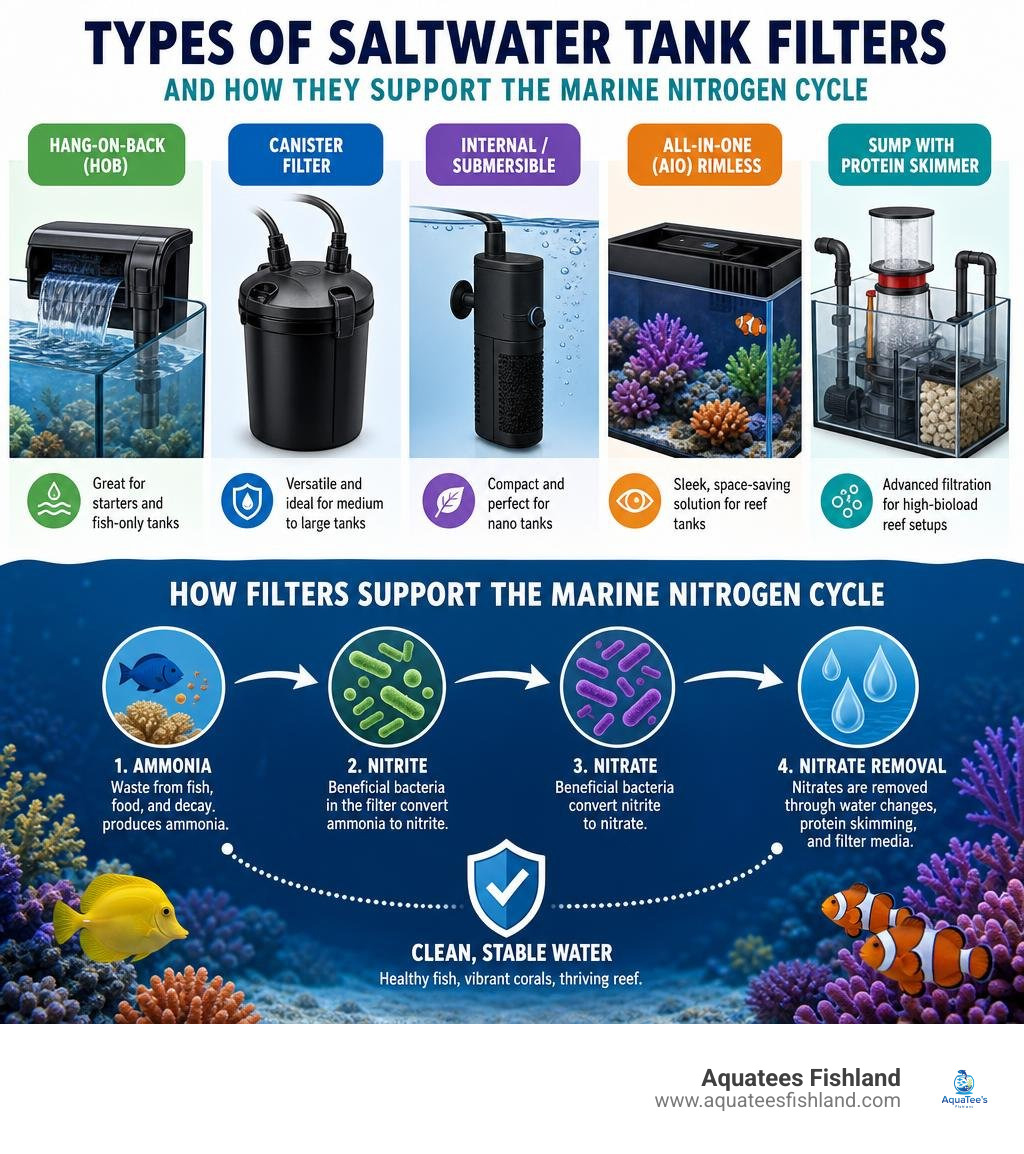 Types of saltwater tank filters and how they support the marine nitrogen cycle infographic