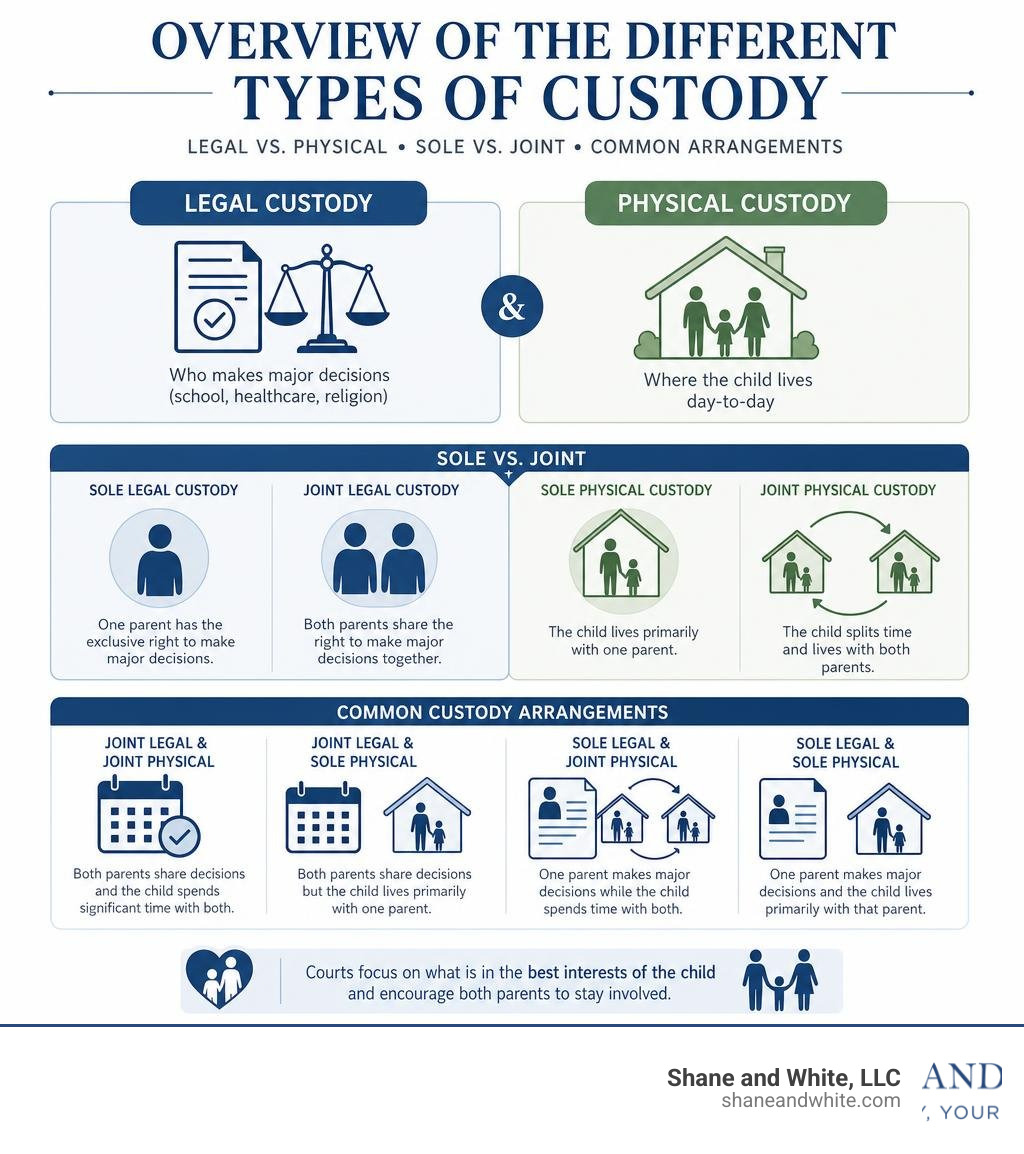 Overview of the different types of custody: legal vs physical, sole vs joint, and common arrangements infographic