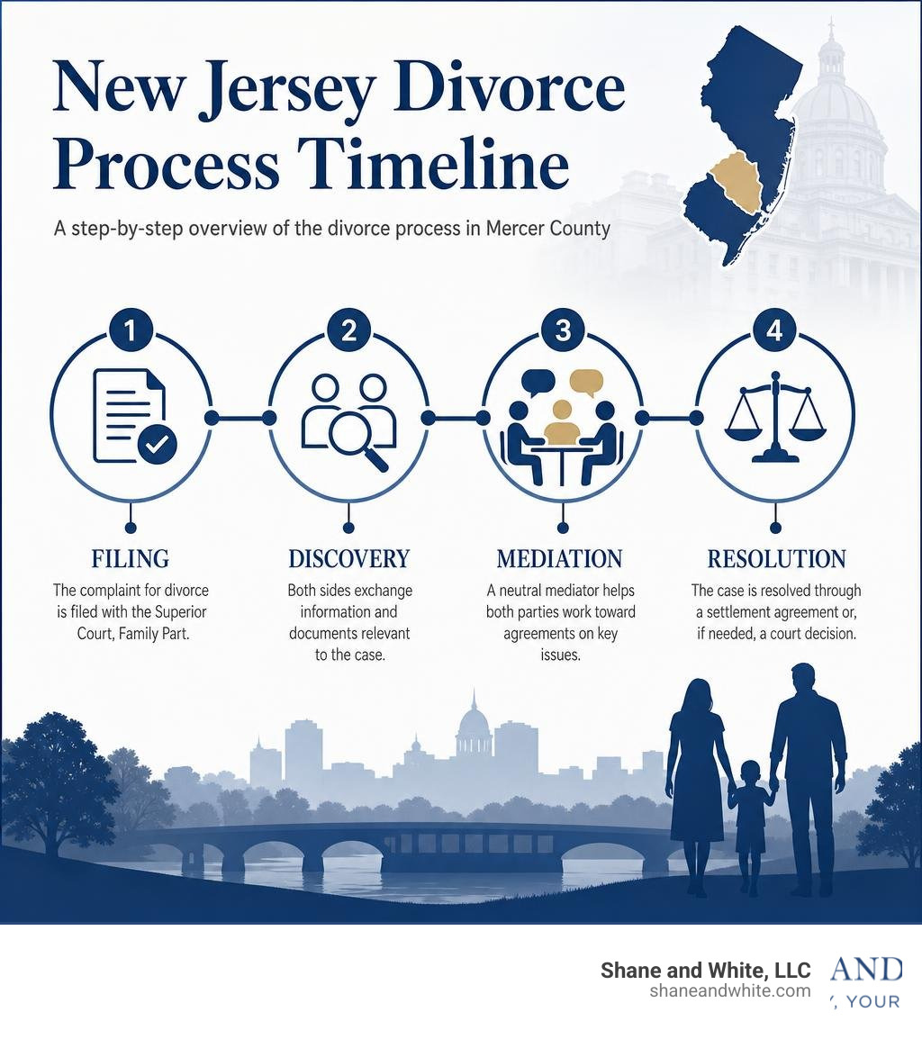 New Jersey divorce process timeline infographic with filing, discovery, mediation, and resolution stages infographic