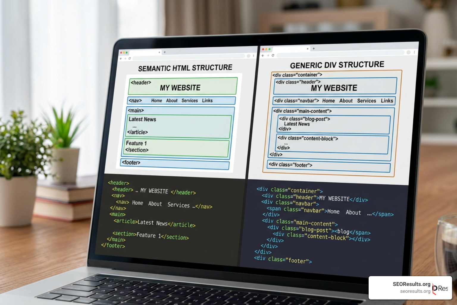 Semantic HTML vs div layout structure comparison